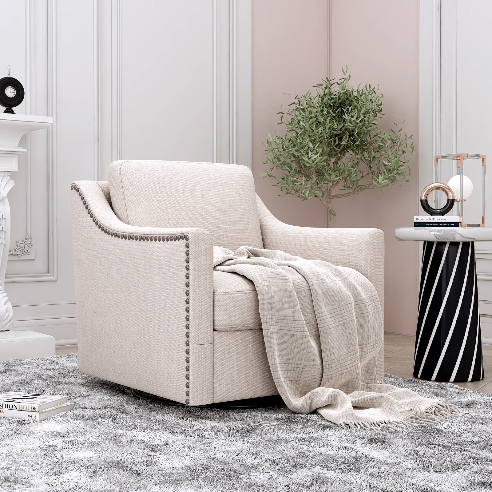 Swivel Accent Chair, Paproos Linen Upholstered Armchair, 31’’Wide 360 Degree Swivel Acccent Chair with Cushions & Nailhead Trim , Swivel Reading Chair Comfy Club Sofa Chair for Living Room Bedroom, Beige