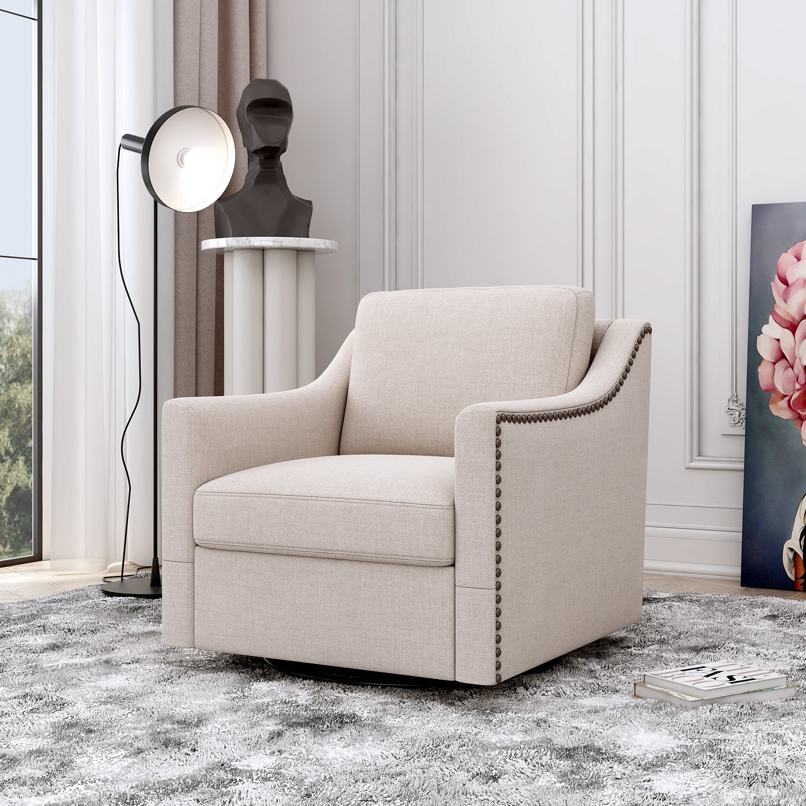 Swivel Accent Chair, Paproos Linen Upholstered Armchair, 31’’Wide 360 Degree Swivel Acccent Chair with Cushions & Nailhead Trim , Swivel Reading Chair Comfy Club Sofa Chair for Living Room Bedroom, Beige