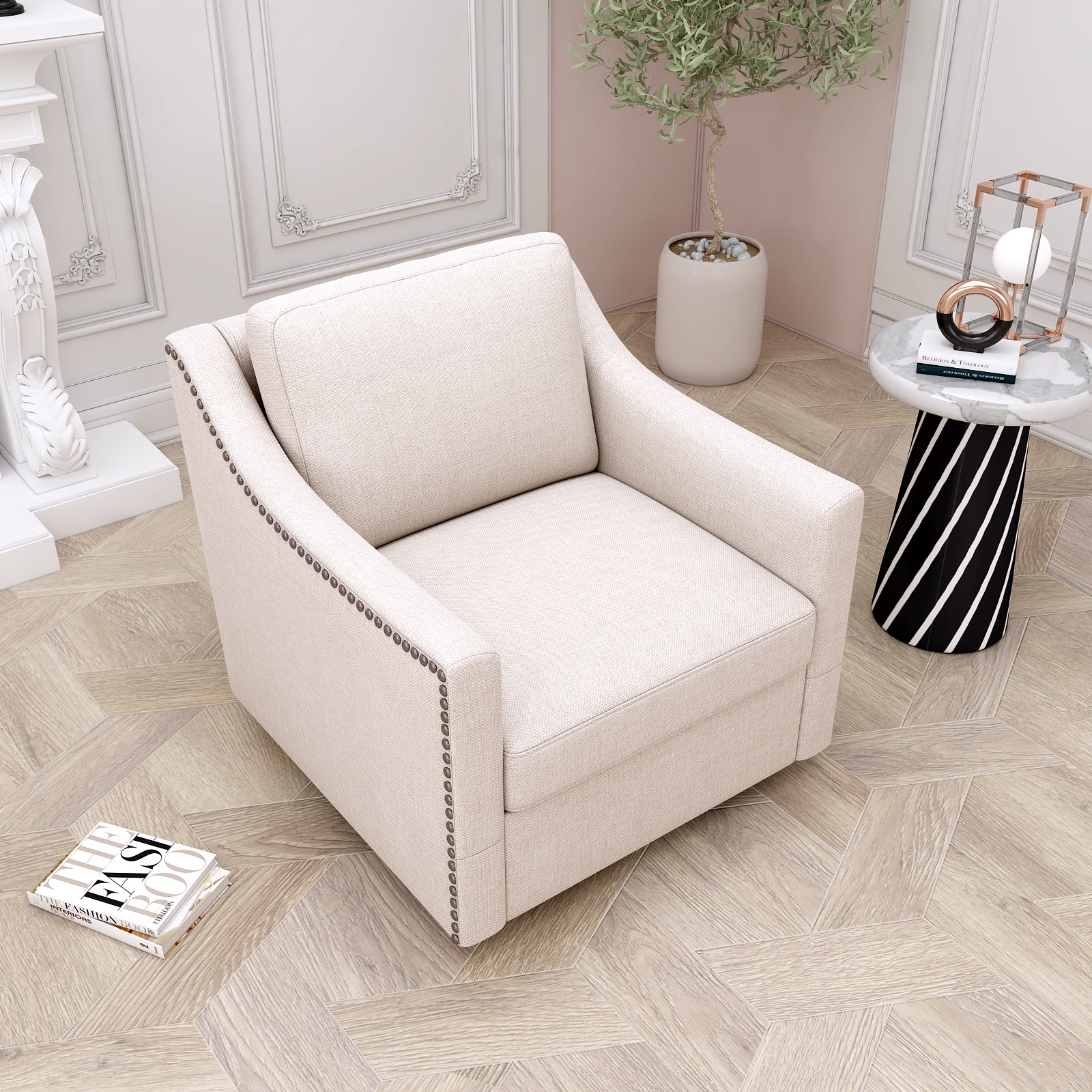 Swivel Accent Chair, Paproos Linen Upholstered Armchair, 31’’Wide 360 Degree Swivel Acccent Chair with Cushions & Nailhead Trim , Swivel Reading Chair Comfy Club Sofa Chair for Living Room Bedroom, Beige