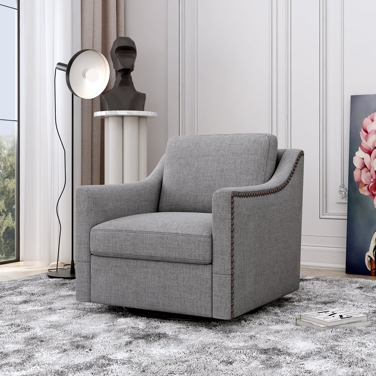 Swivel Accent Chair, Paproos Linen Upholstered Armchair, 31’’Wide 360 Degree Swivel Acccent Chair with Cushions & Nailhead Trim , Swivel Reading Chair Comfy Club Sofa Chair for Living Room Bedroom, Beige