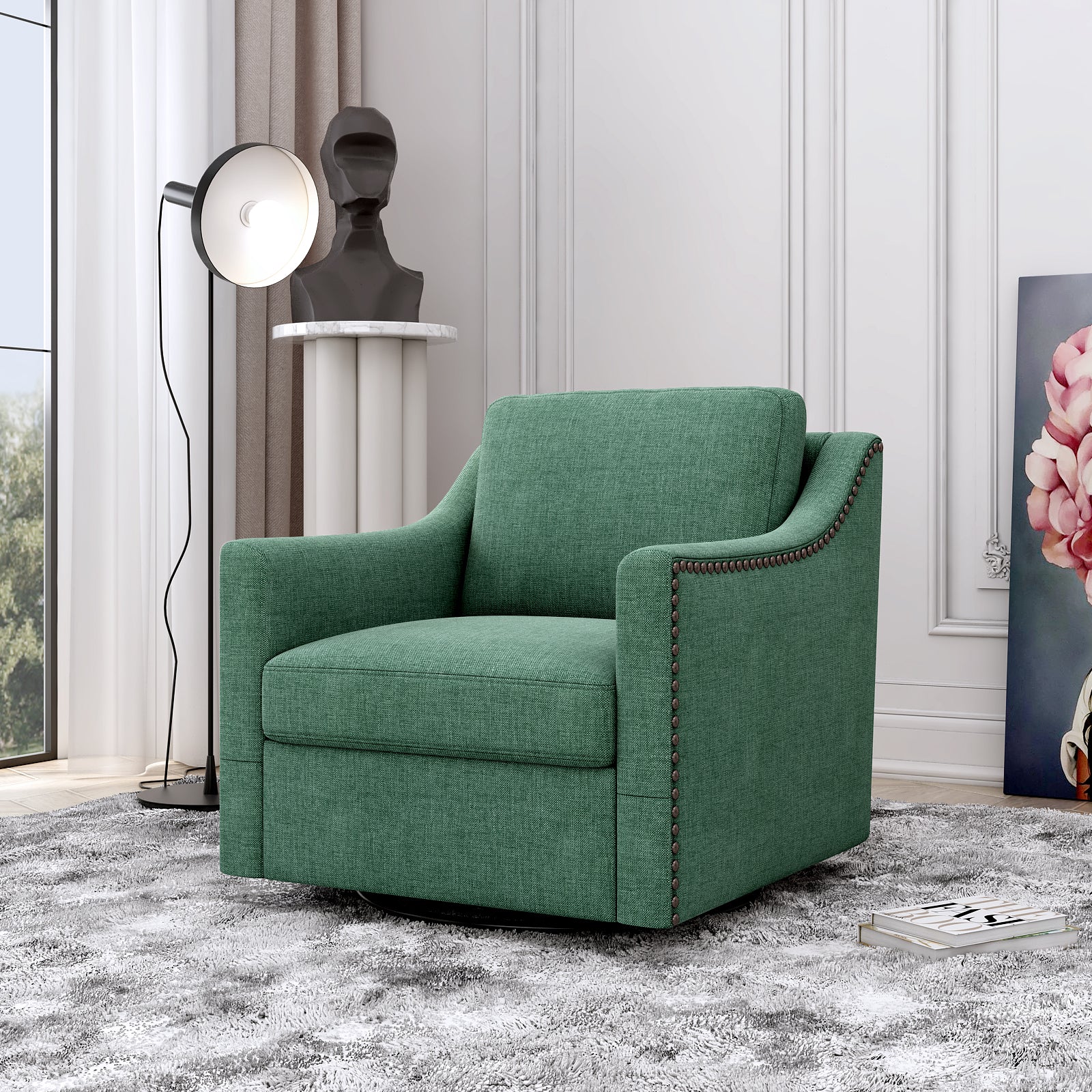 Swivel Accent Chair, Paproos Linen Upholstered Armchair, 31’’Wide 360 Degree Swivel Acccent Chair with Cushions & Nailhead Trim , Swivel Reading Chair Comfy Club Sofa Chair for Living Room Bedroom, Beige