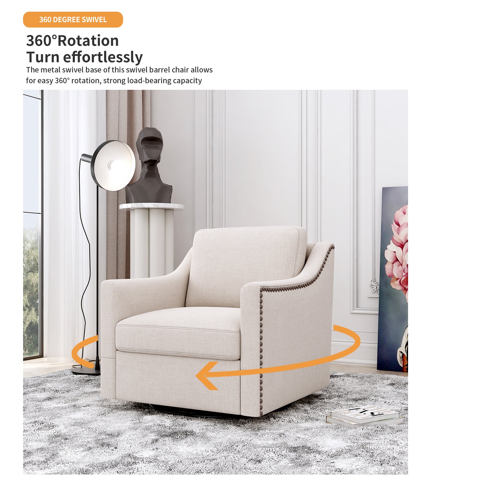 Swivel Accent Chair, Paproos Linen Upholstered Armchair, 31’’Wide 360 Degree Swivel Acccent Chair with Cushions & Nailhead Trim , Swivel Reading Chair Comfy Club Sofa Chair for Living Room Bedroom, Beige