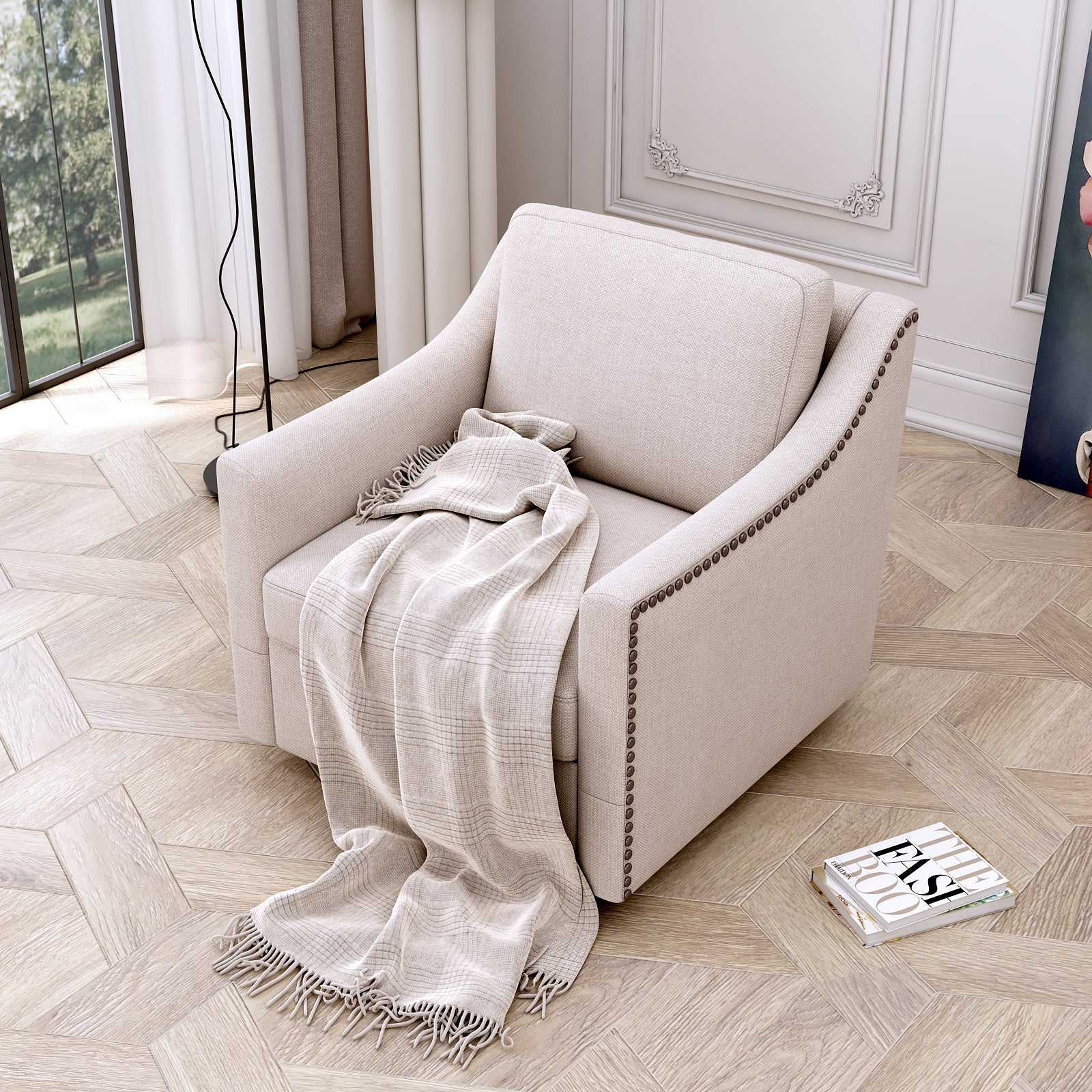 Swivel Accent Chair, Paproos Linen Upholstered Armchair, 31’’Wide 360 Degree Swivel Acccent Chair with Cushions & Nailhead Trim , Swivel Reading Chair Comfy Club Sofa Chair for Living Room Bedroom, Beige