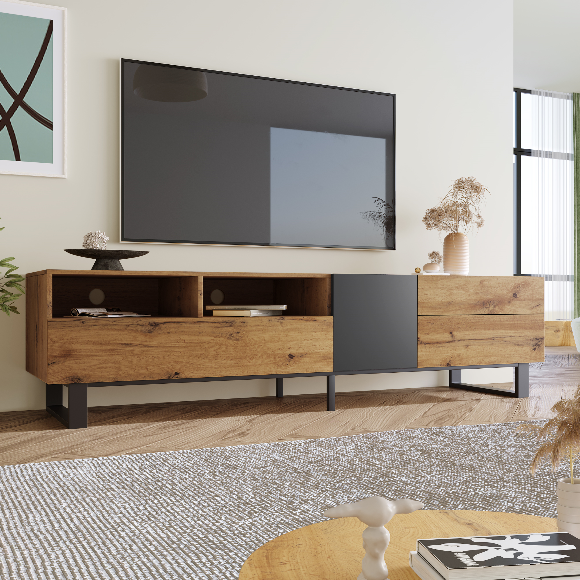 TV Stand for 80 Inch TVs, Paproos TV Console with Storage Cabinets, TV Cabinet with Doors, Media Console Table Entertainment Center for Living Room, Office