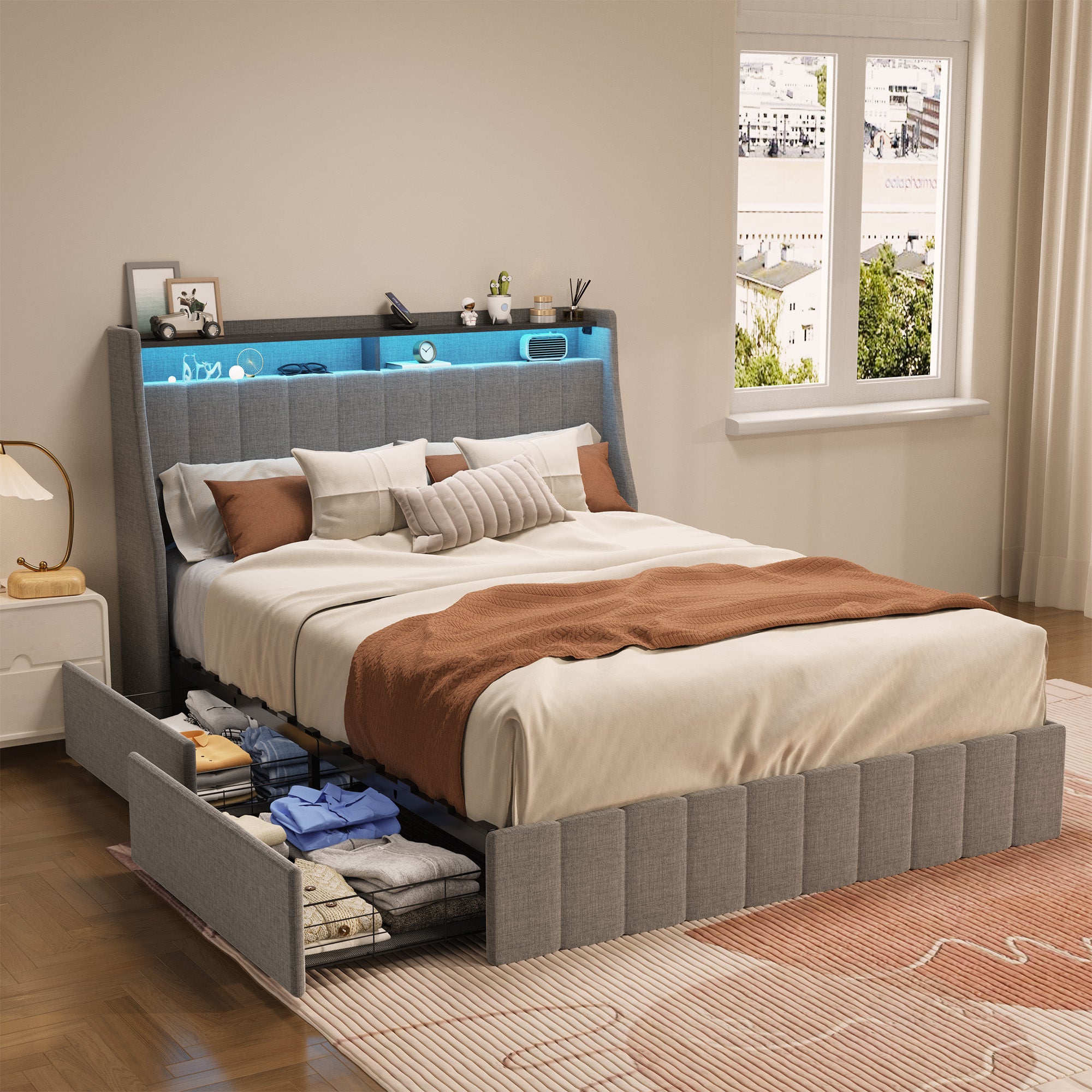 PAPROOS Full Size LED Bed Frame with Charging Station, PU Leather Upholstered Bed, Metal Platform Bed with Soft Cushioned Headboard for Adults Teens, Brown