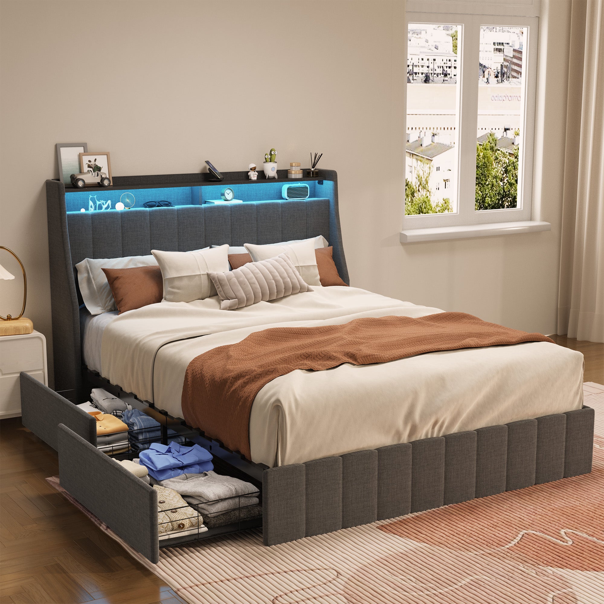 PAPROOS Full Size LED Bed Frame with Charging Station, PU Leather Upholstered Bed, Metal Platform Bed with Soft Cushioned Headboard for Adults Teens, Brown