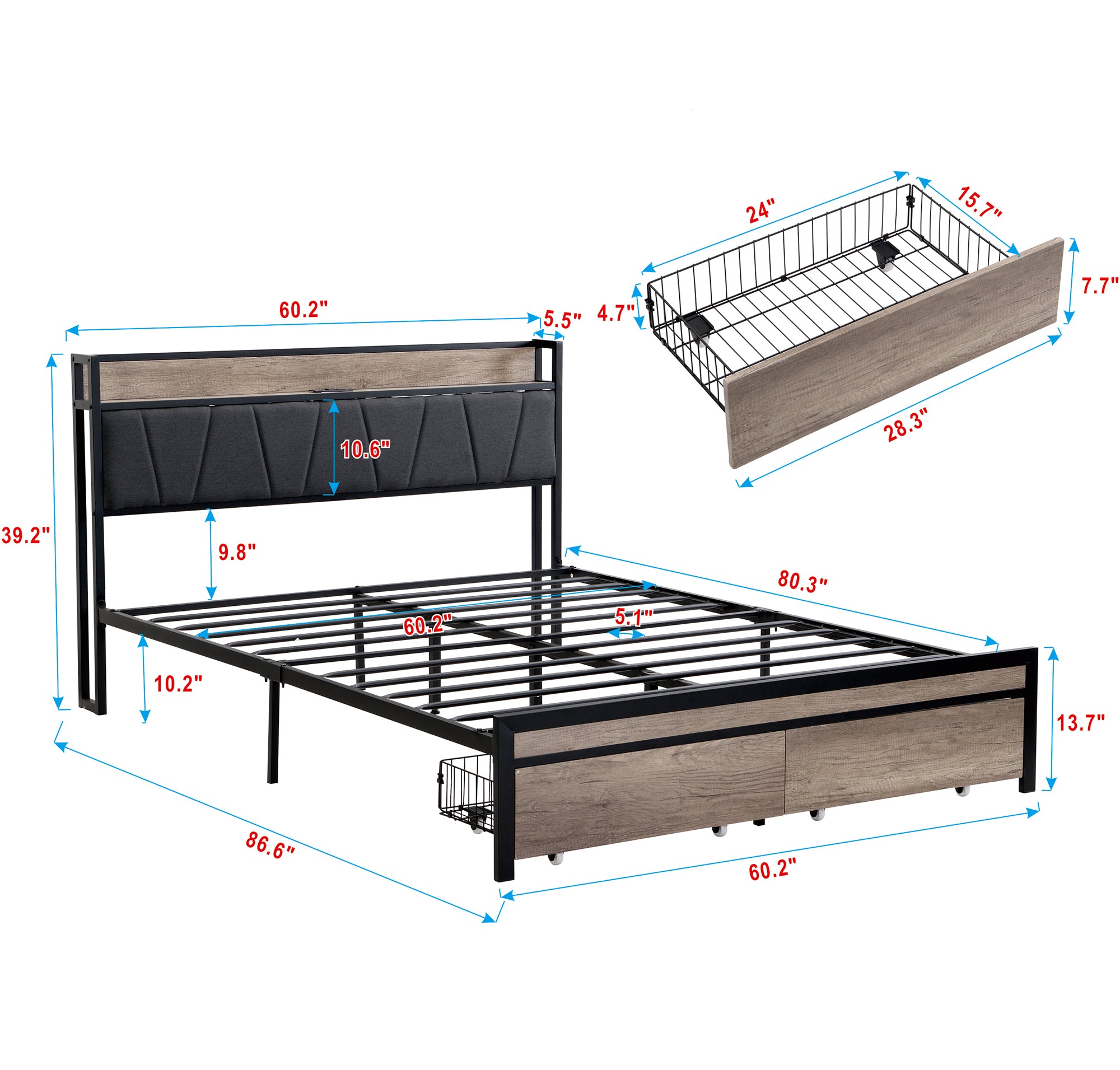 PAPROOS Full Size Bed Frame, Metal Platform Bed with Upholstered Storage Headboard, 2 drawers, Charging Station, Full Bed Frame with Metal Slats