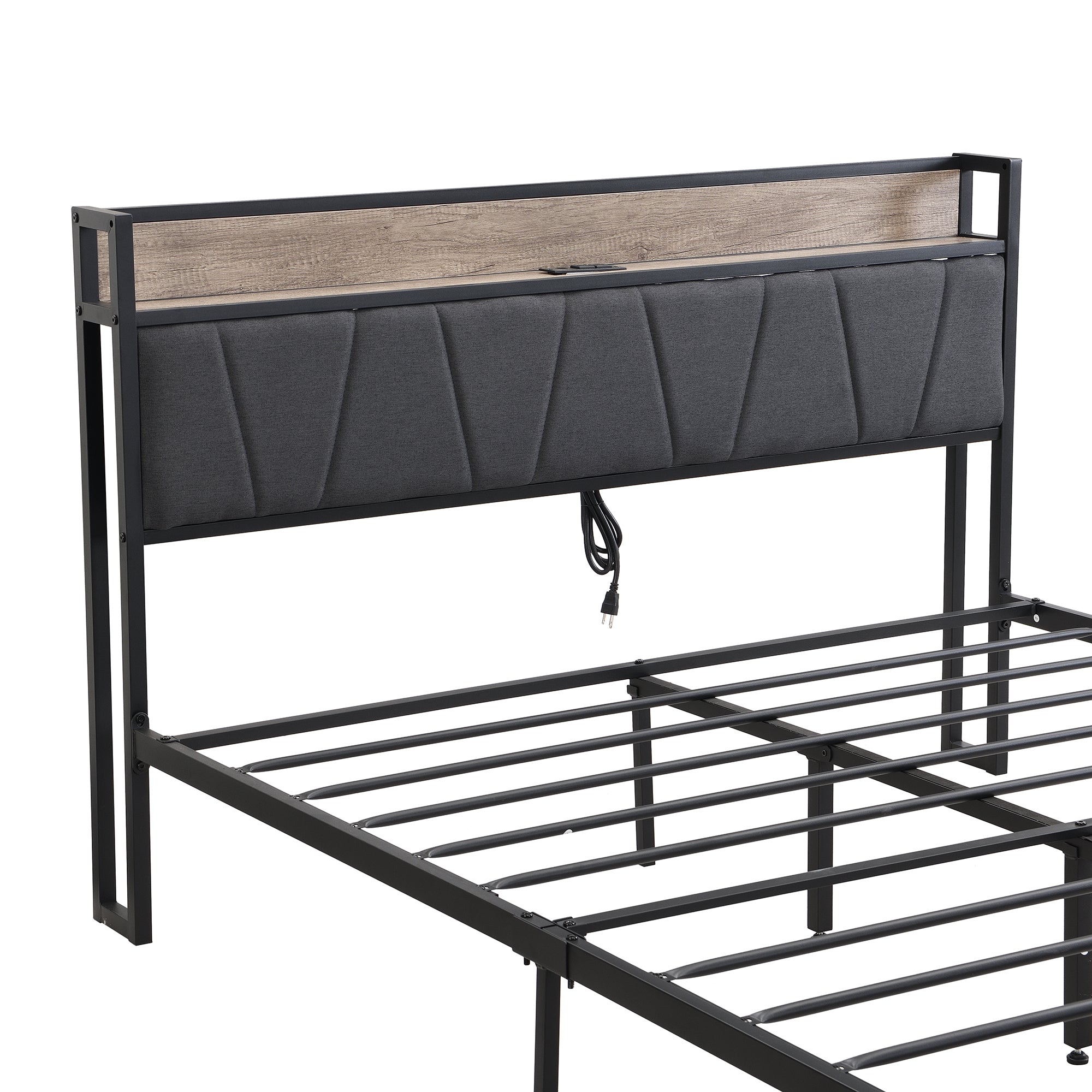 PAPROOS Full Size Bed Frame, Metal Platform Bed with Upholstered Storage Headboard, 2 drawers, Charging Station, Full Bed Frame with Metal Slats