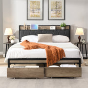 PAPROOS Full Size Bed Frame, Metal Platform Bed with Upholstered Storage Headboard, 2 drawers, Charging Station, Full Bed Frame with Metal Slats