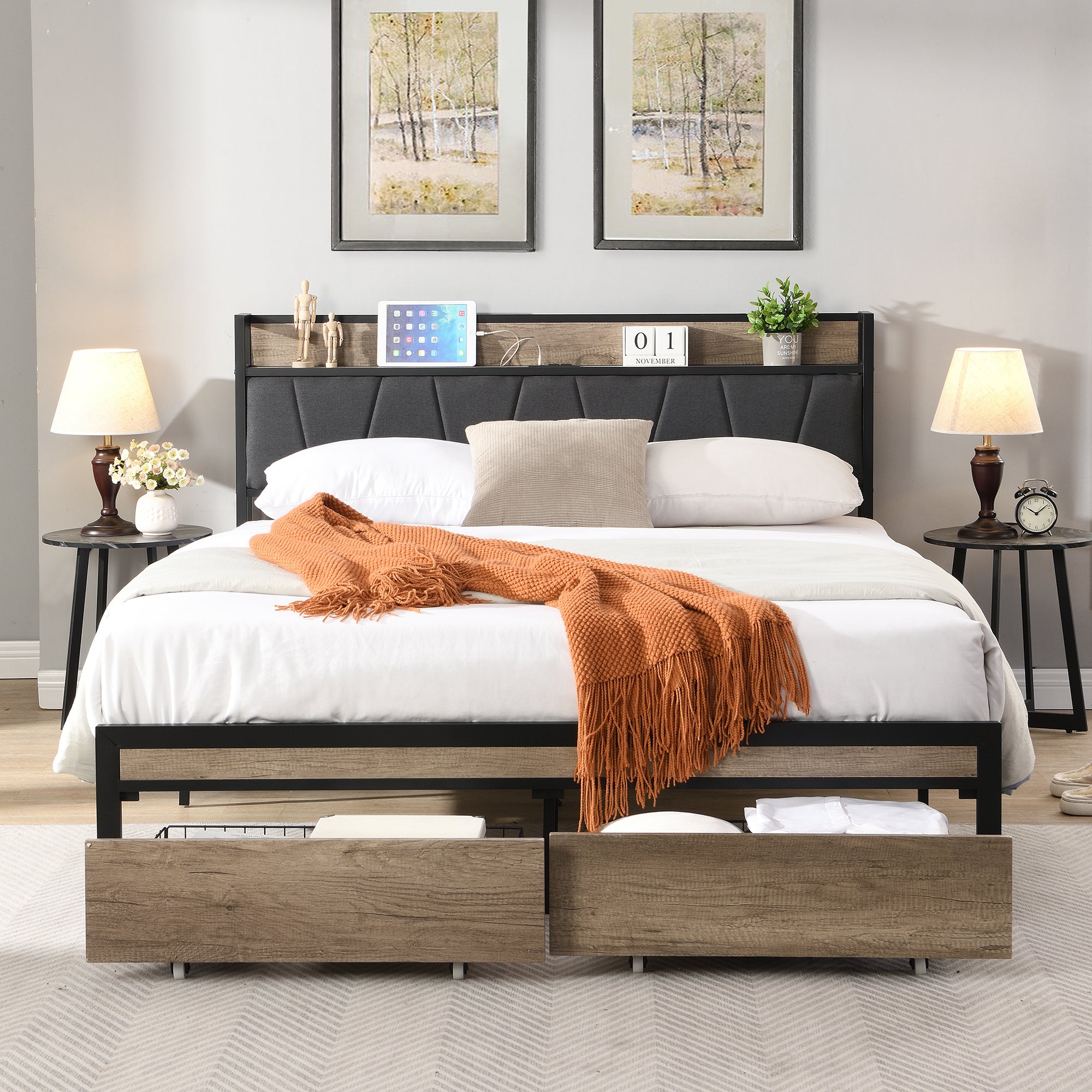 PAPROOS Full Size Bed Frame, Metal Platform Bed with Upholstered Storage Headboard, 2 drawers, Charging Station, Full Bed Frame with Metal Slats