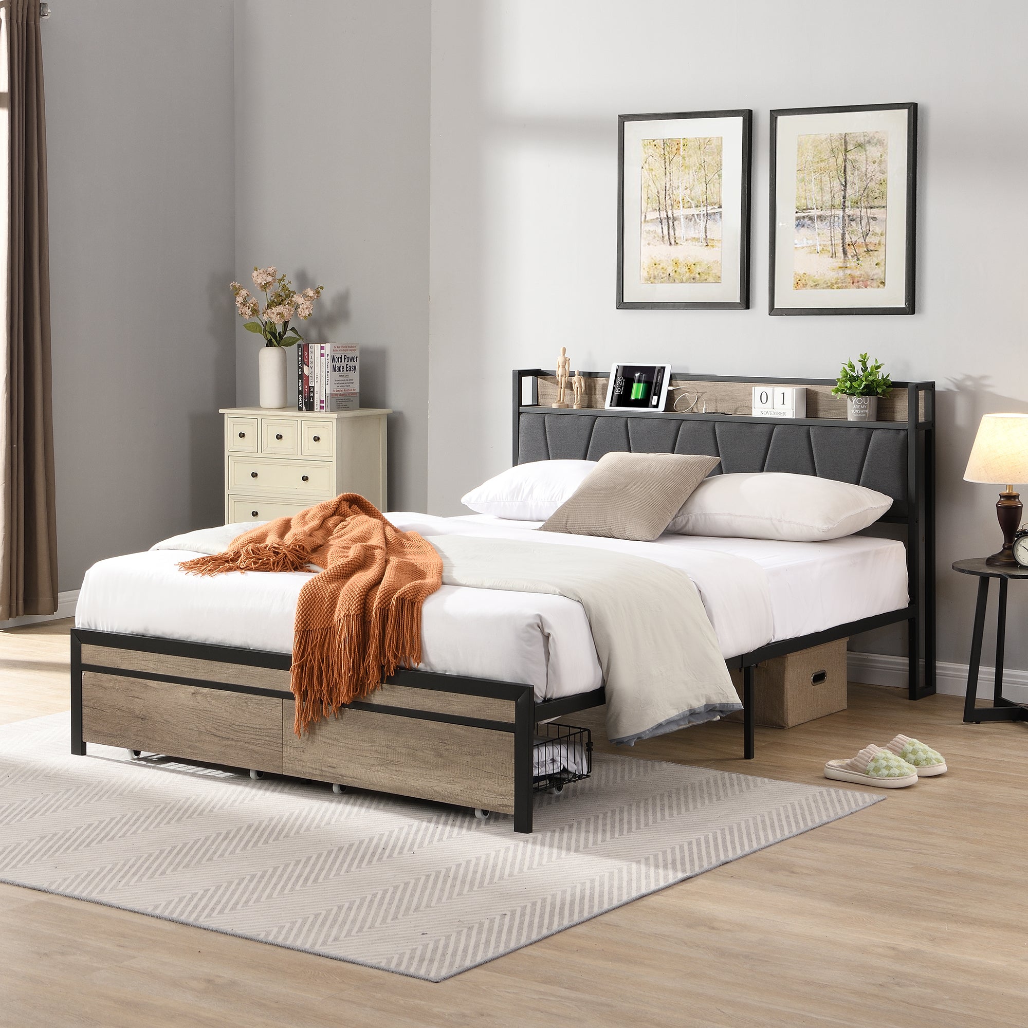 PAPROOS Full Size Bed Frame, Metal Platform Bed with Upholstered Storage Headboard, 2 drawers, Charging Station, Full Bed Frame with Metal Slats
