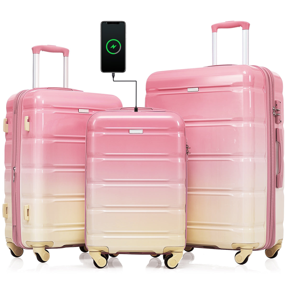 PAPROOS 3-Piece Luggage Set (20''/24''/28''), Hardshell Lightweight Suitcase with USB Port and Side Hooks, Travel Luggage with TSA-Lock, Hardside Rolling Luggage for School, Travel