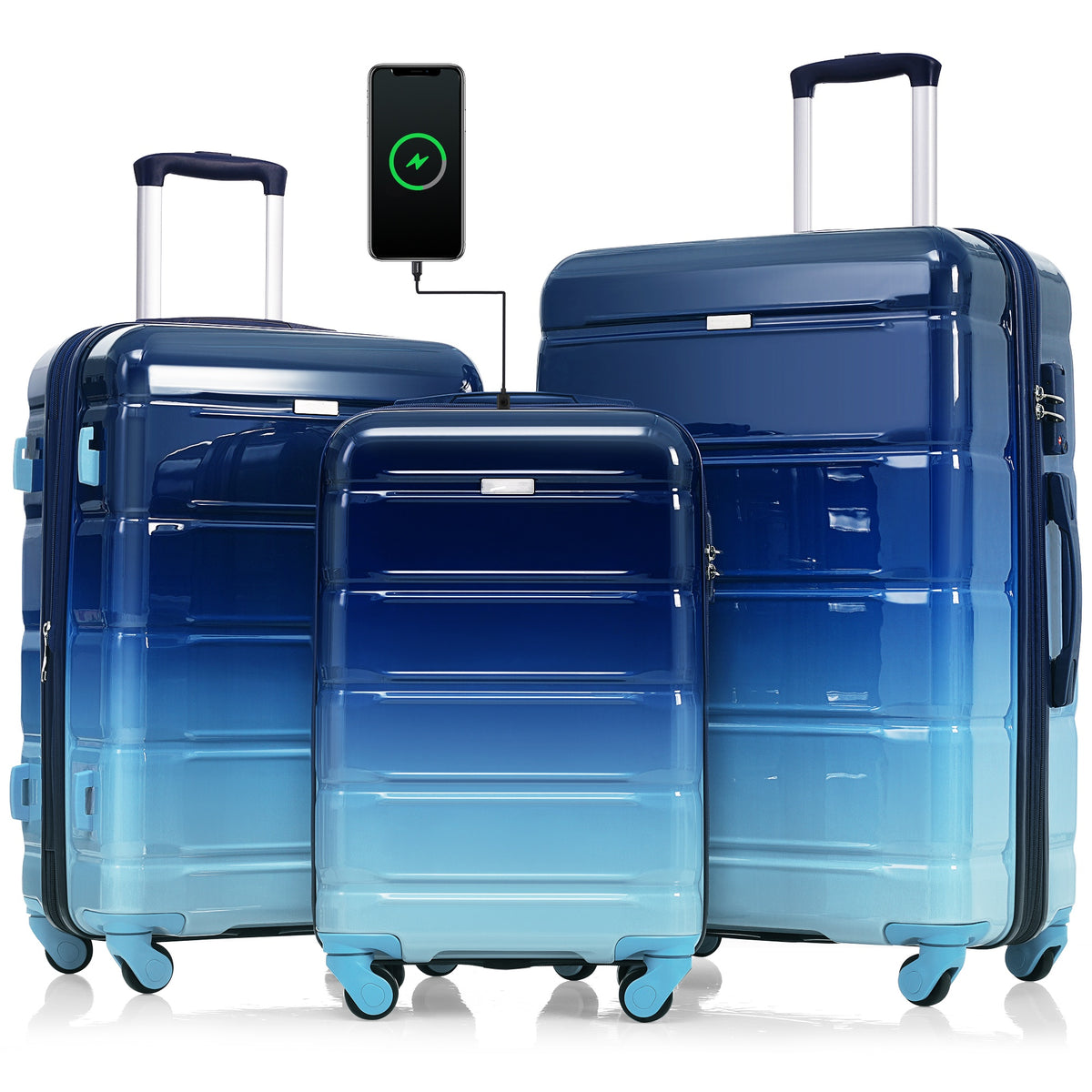 PAPROOS 3-Piece Luggage Set (20''/24''/28''), Hardshell Lightweight Suitcase with USB Port and Side Hooks, Travel Luggage with TSA-Lock, Hardside Rolling Luggage for School, Travel