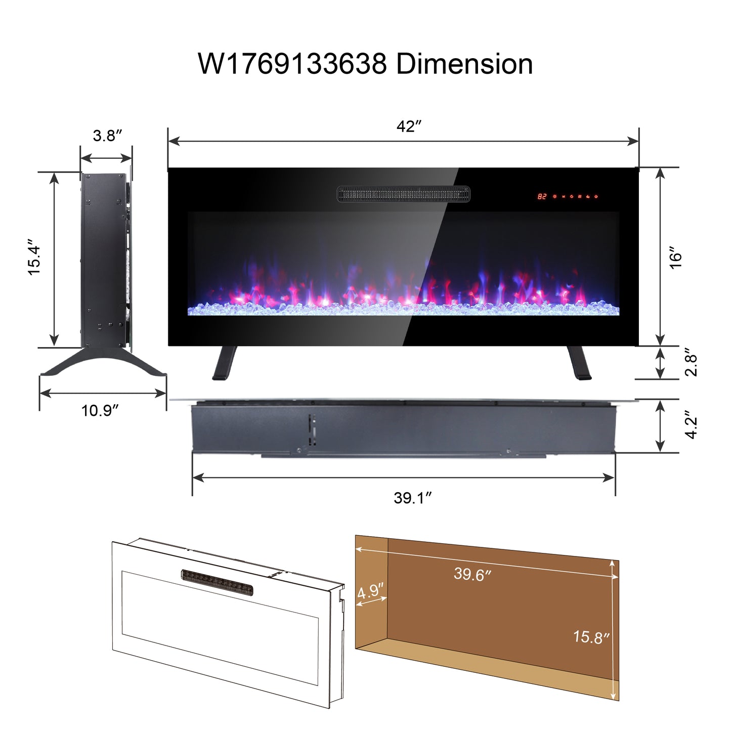 PAPROOS 36 Inch Electric Fireplace Insert, Ultra-Thin Recessed Wall Mounted Fireplace Heater with Adjustable Flame Color, LED Light, Remote Remote, Freestanding Fireplace Insert, 1400W, Antique Black