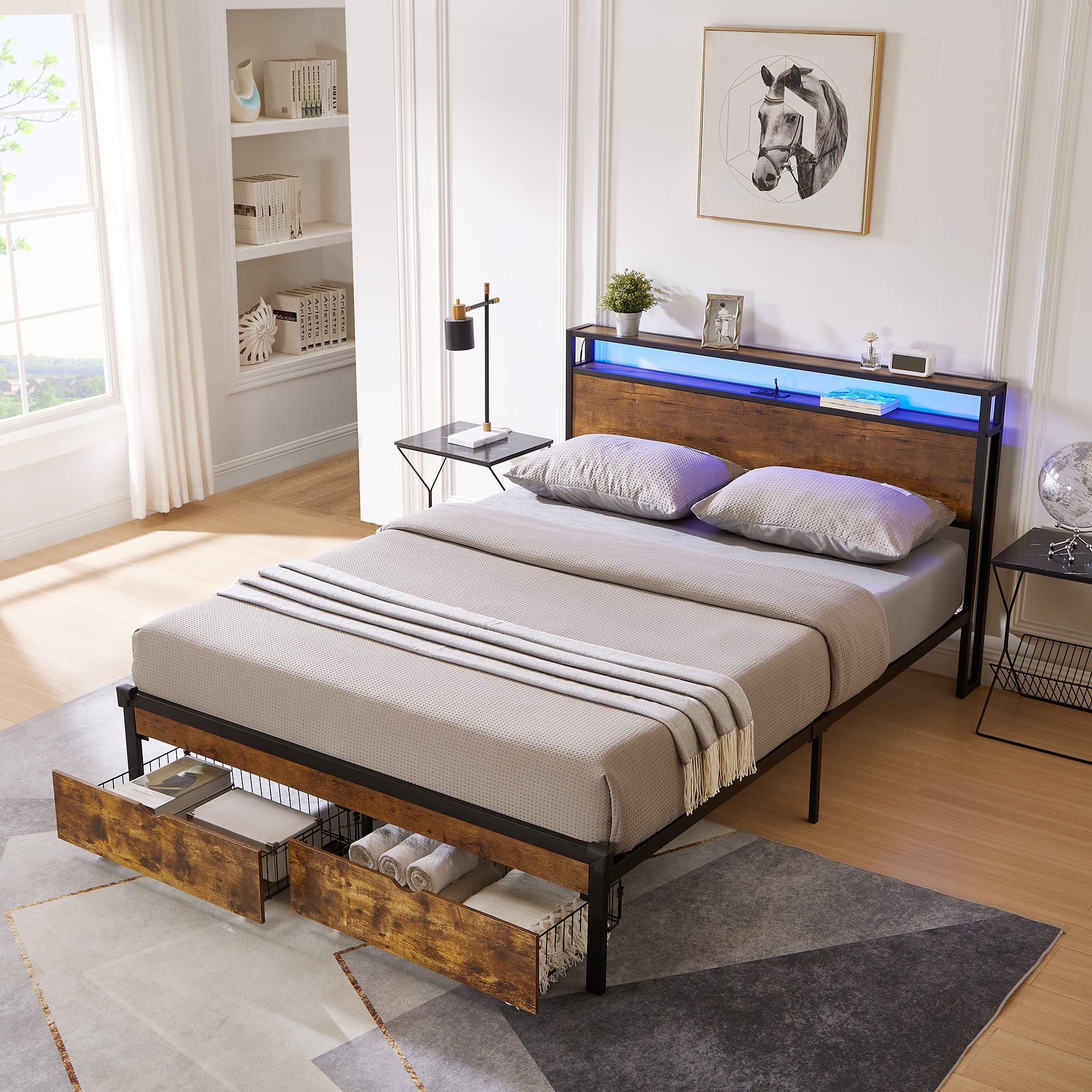 PAPROOS Full Size Bed Frame, Metal Platform Bed with Upholstered Storage Headboard, 2 drawers, Charging Station, Full Bed Frame with Metal Slats