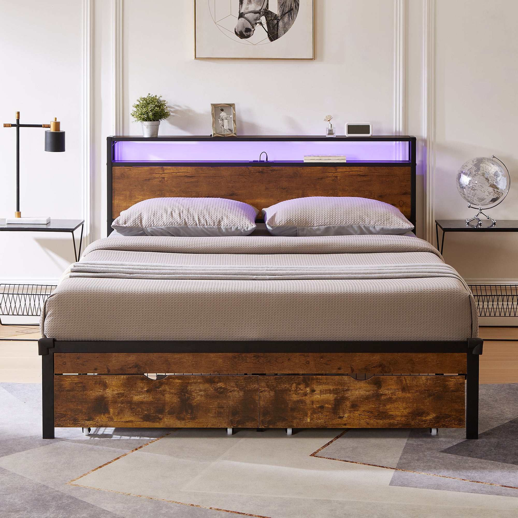 PAPROOS Full Size Bed Frame, Metal Platform Bed with Upholstered Storage Headboard, 2 drawers, Charging Station, Full Bed Frame with Metal Slats