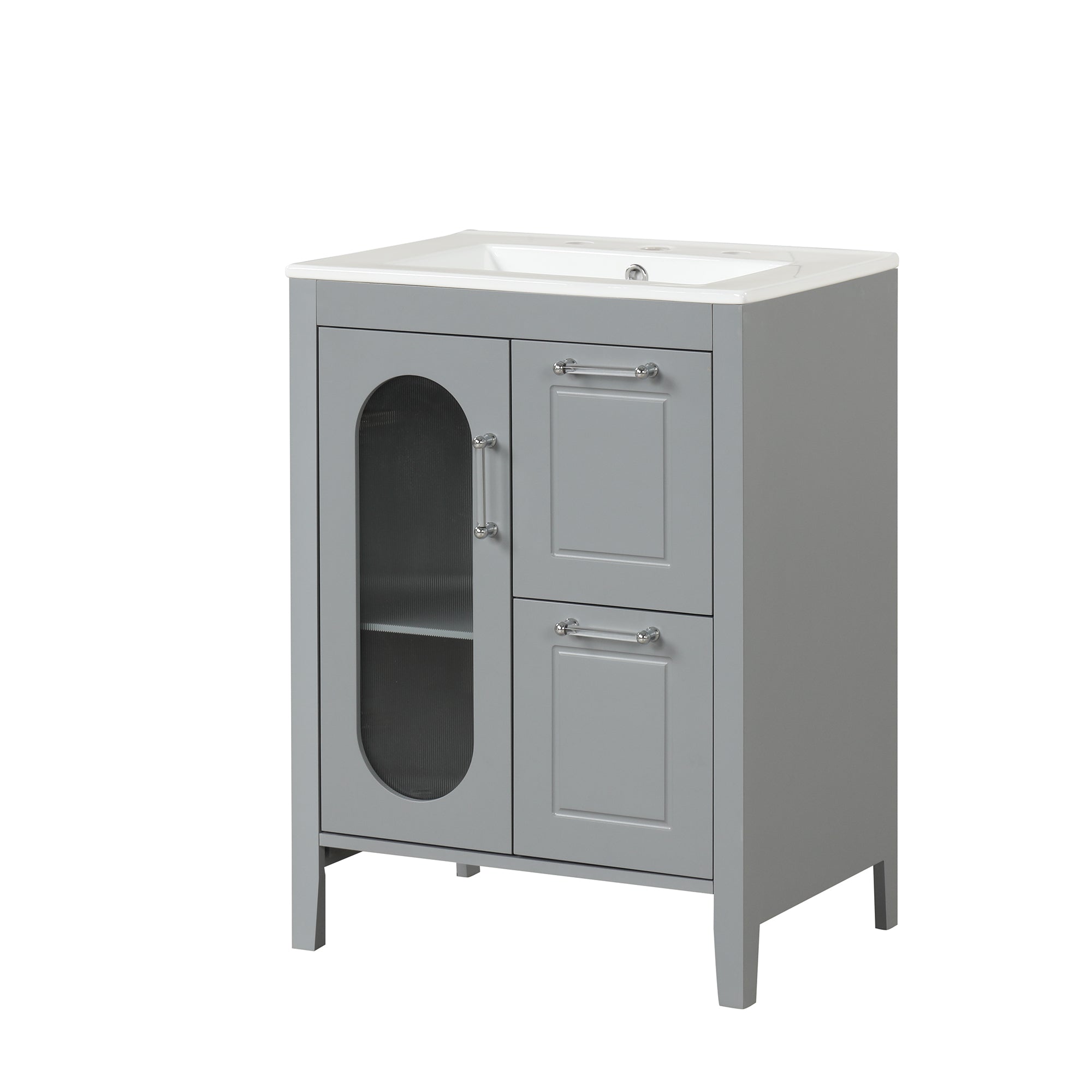 PAPROOS 24 inch Bathroom Vanity with Sink, Wood Freestanding Bathroom Cabinet Vanity with 2 Drawers and Door, Modern Bathroom Storage Cabinet with Glass Door, Adjustable Shelf and Solid Frame, Grey