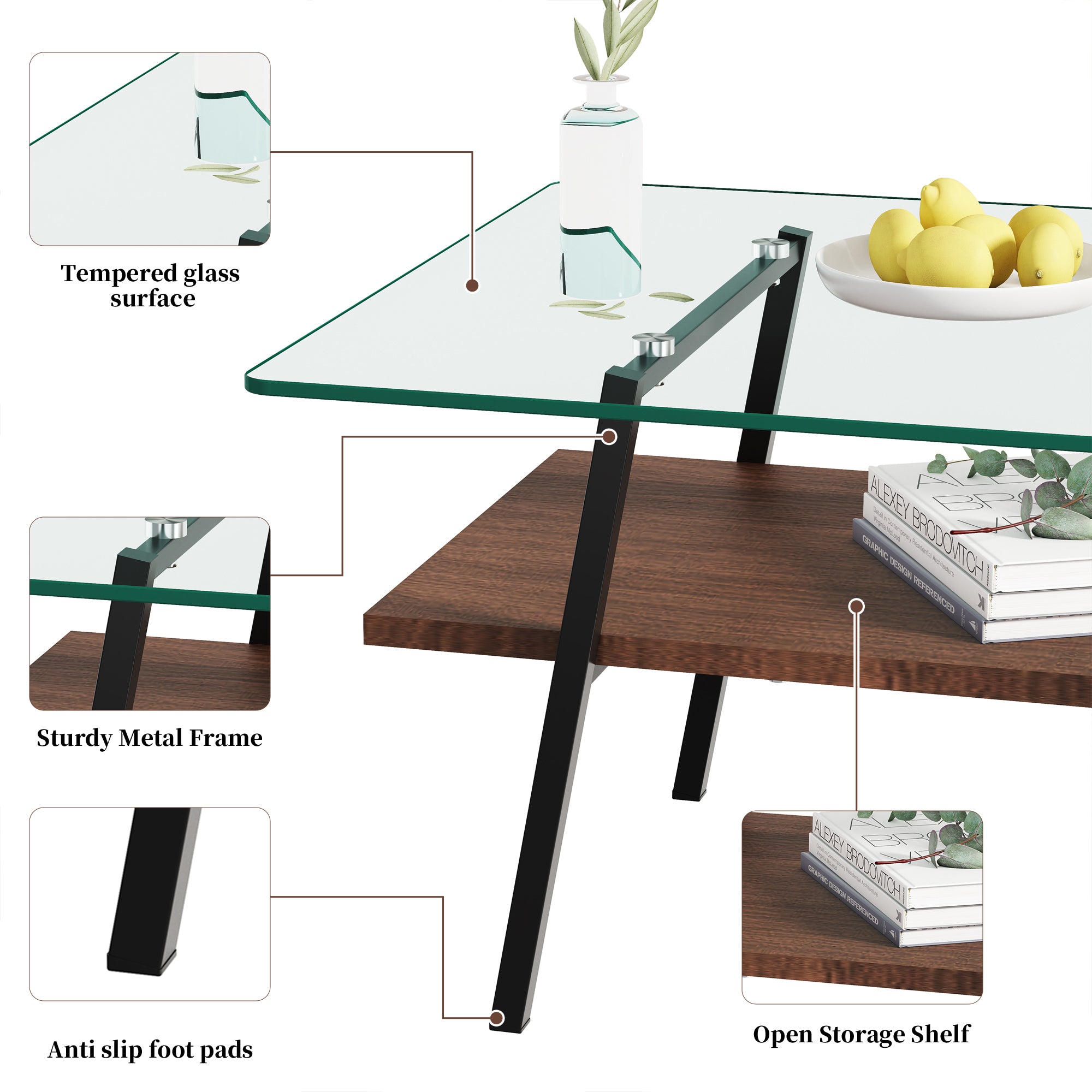 38’’ Glass Coffee Table, Paproos Coffee Table with Storage, Modern Rectangle Coffee Table with Metal Legs, Small Center Table Tea Table for Living Room, Brown & Black