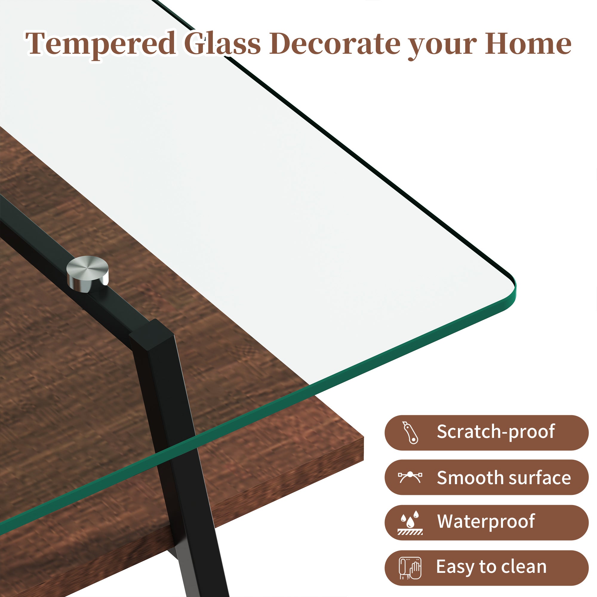 38’’ Glass Coffee Table, Paproos Coffee Table with Storage, Modern Rectangle Coffee Table with Metal Legs, Small Center Table Tea Table for Living Room, Brown & Black