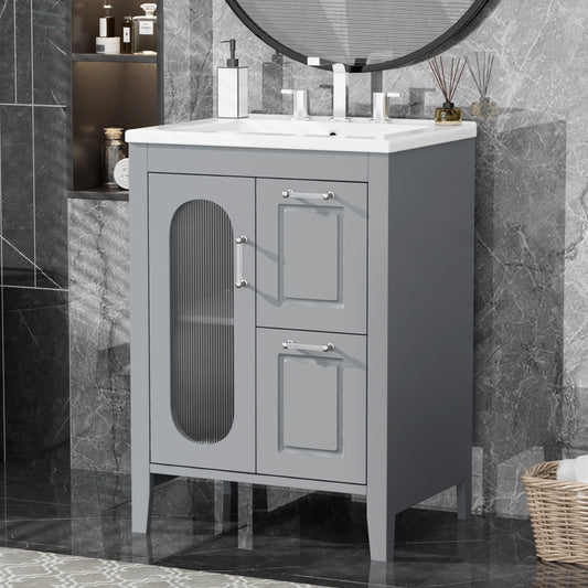 PAPROOS 24 inch Bathroom Vanity with Sink, Wood Freestanding Bathroom Cabinet Vanity with 2 Drawers and Door, Modern Bathroom Storage Cabinet with Glass Door, Adjustable Shelf and Solid Frame, Grey