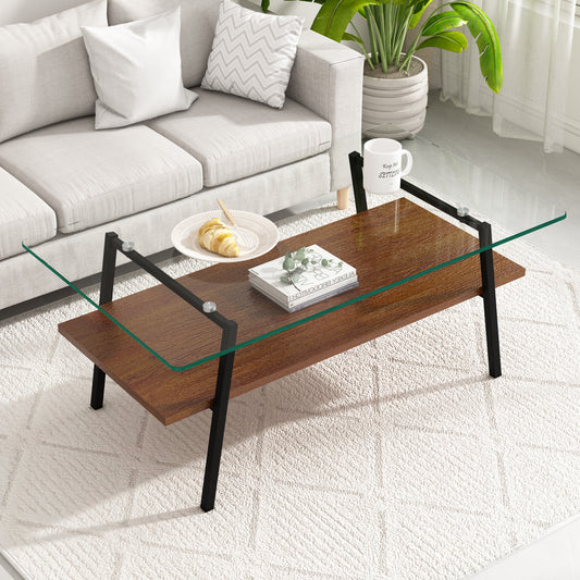 38’’ Glass Coffee Table, Paproos Coffee Table with Storage, Modern Rectangle Coffee Table with Metal Legs, Small Center Table Tea Table for Living Room, Brown & Black