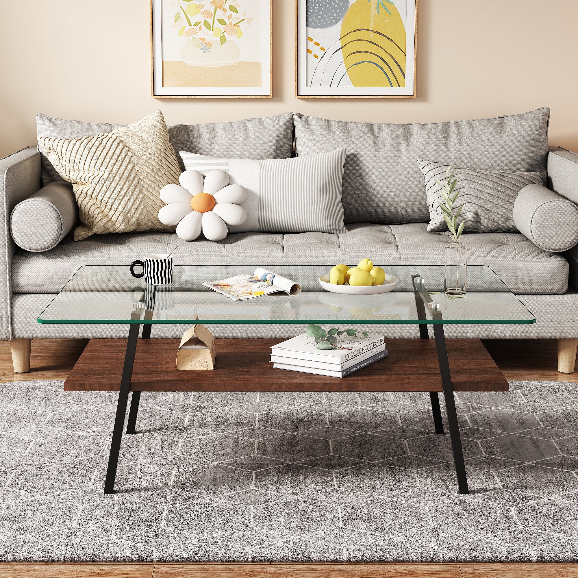 38’’ Glass Coffee Table, Paproos Coffee Table with Storage, Modern Rectangle Coffee Table with Metal Legs, Small Center Table Tea Table for Living Room, Brown & Black