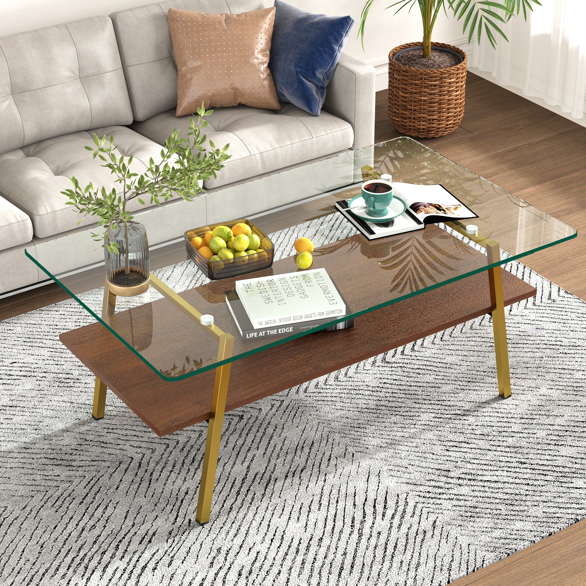 38’’ Glass Coffee Table, Paproos Coffee Table with Storage, Modern Rectangle Coffee Table with Metal Legs, Small Center Table Tea Table for Living Room, Brown & Black