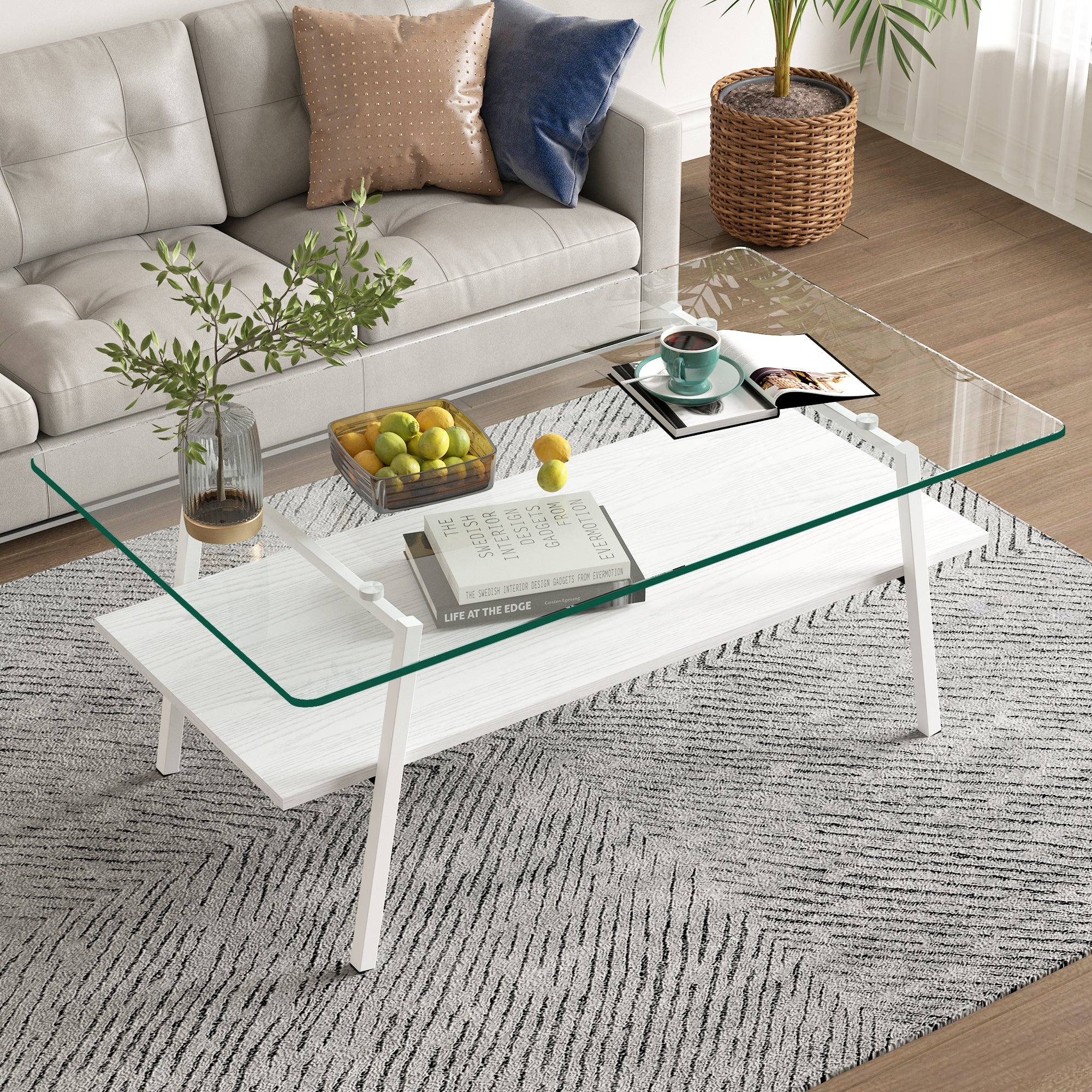 38’’ Glass Coffee Table, Paproos Coffee Table with Storage, Modern Rectangle Coffee Table with Metal Legs, Small Center Table Tea Table for Living Room, Brown & Black