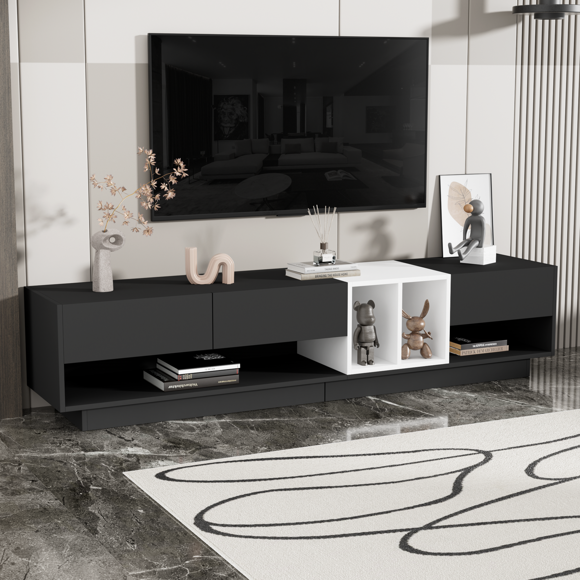 PAPROOS White TV Stand for TVS up to 80", Two-tone TV Console Table with Drawers and Storage Shelves, Modern TV Cabinet Entertainment Center, Functional TV Stand for Living Room, Lounge Room