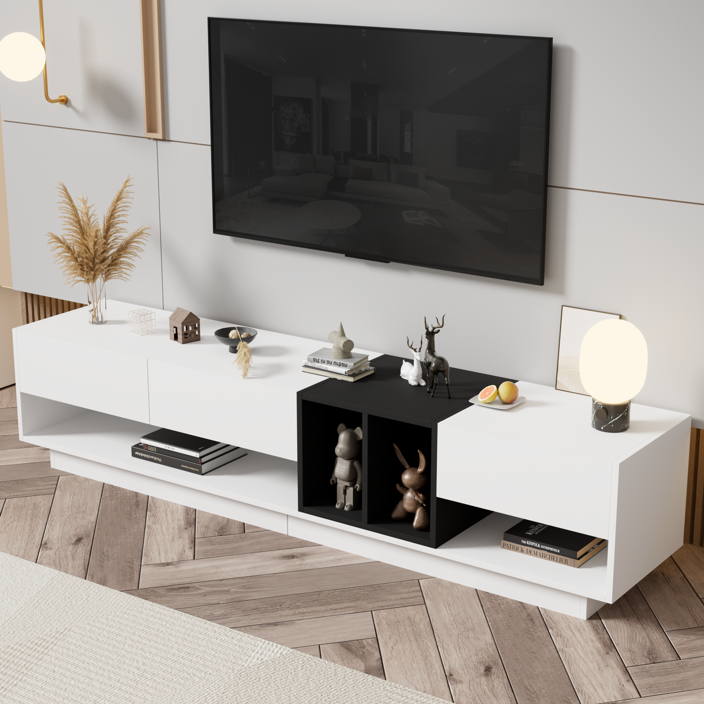 PAPROOS White TV Stand for TVS up to 80", Two-tone TV Console Table with Drawers and Storage Shelves, Modern TV Cabinet Entertainment Center, Functional TV Stand for Living Room, Lounge Room