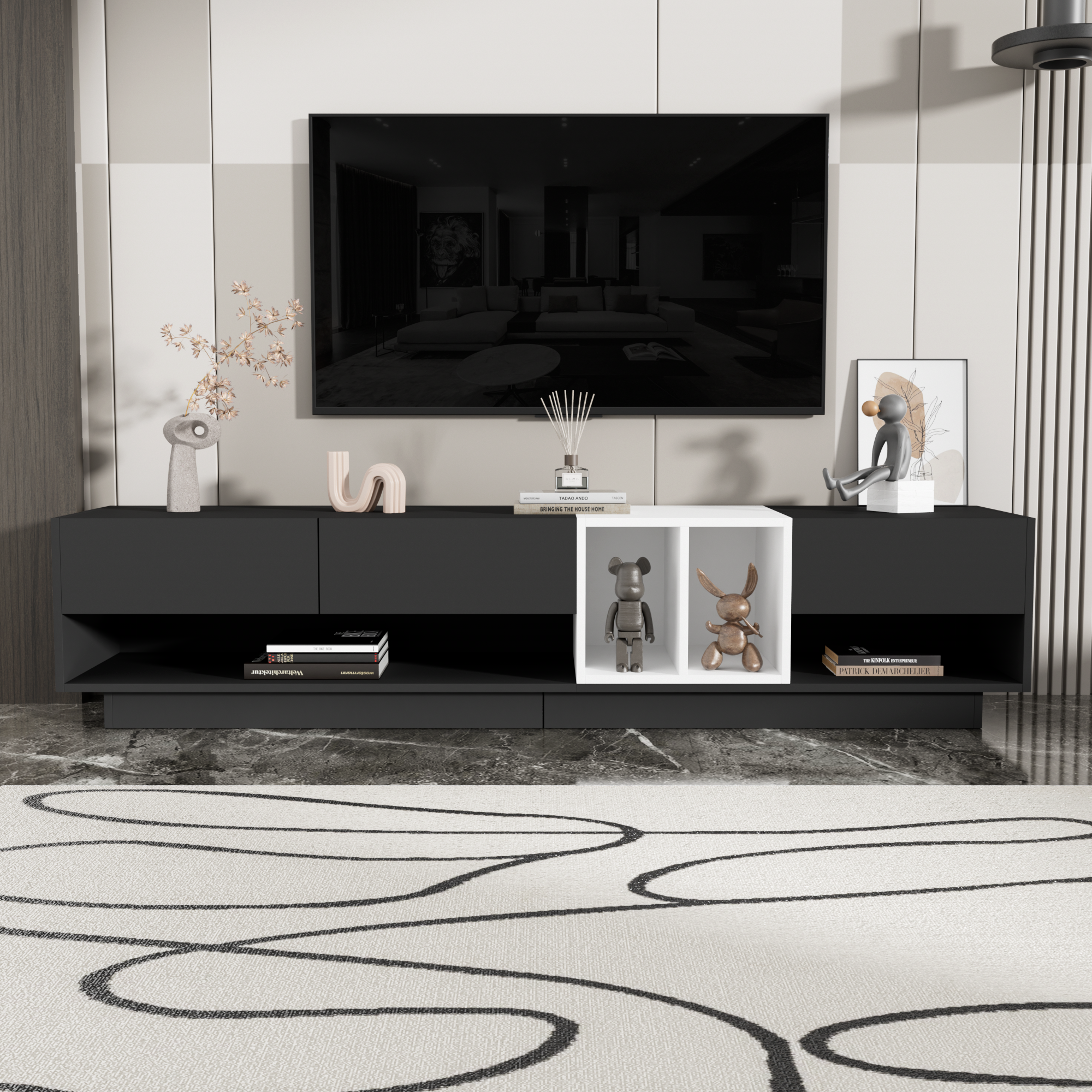 PAPROOS White TV Stand for TVS up to 80", Two-tone TV Console Table with Drawers and Storage Shelves, Modern TV Cabinet Entertainment Center, Functional TV Stand for Living Room, Lounge Room