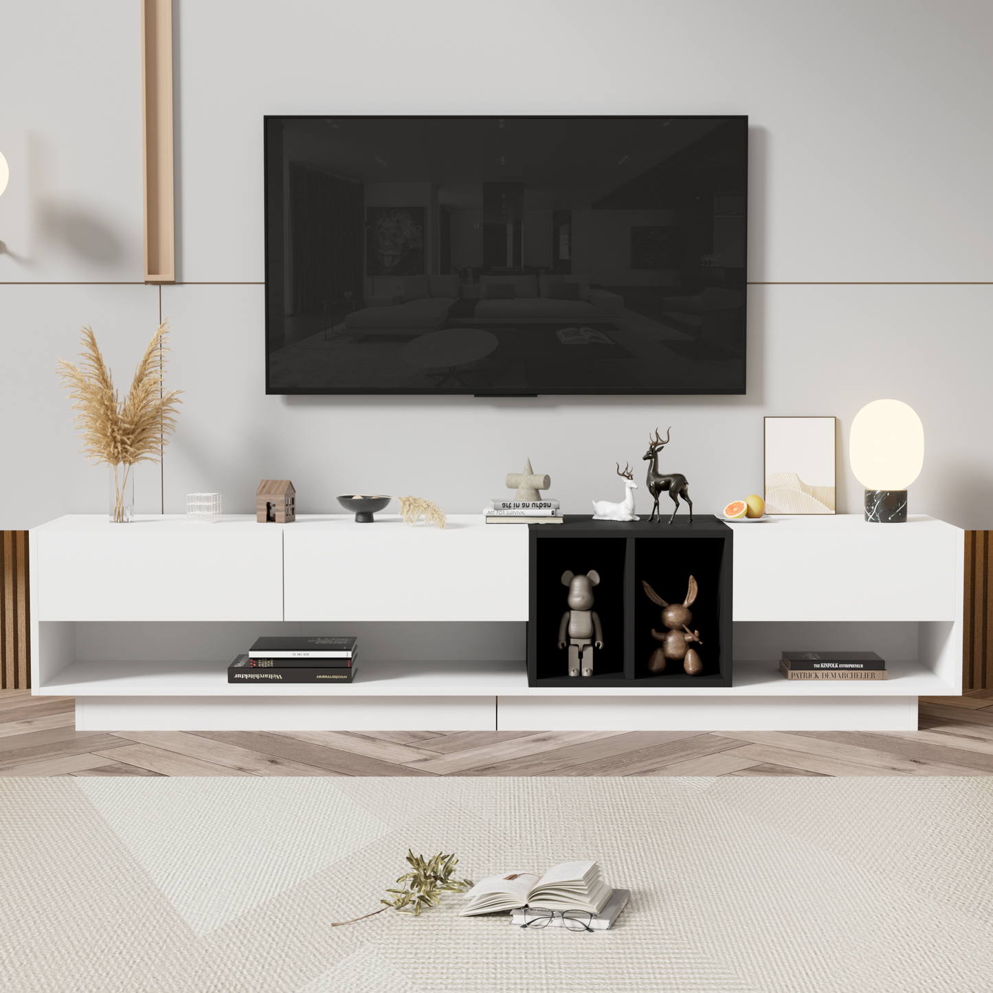 PAPROOS White TV Stand for TVS up to 80", Two-tone TV Console Table with Drawers and Storage Shelves, Modern TV Cabinet Entertainment Center, Functional TV Stand for Living Room, Lounge Room