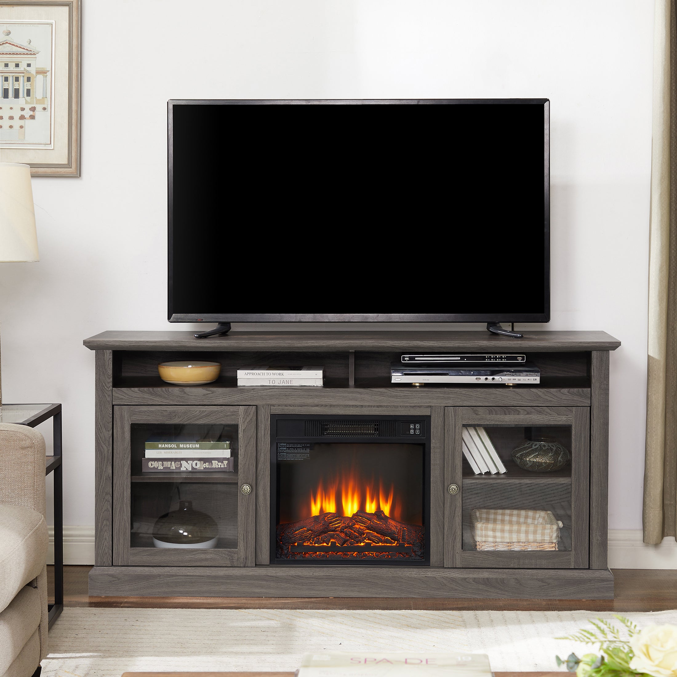 PAPROOS Electric Fireplace TV Stand for 65" TV, Farmhouse Living Room TV Stand with Glass Doors and Shelves, Wood Entertainment Center TV Console Media Console with 18" Fireplace, Brown
