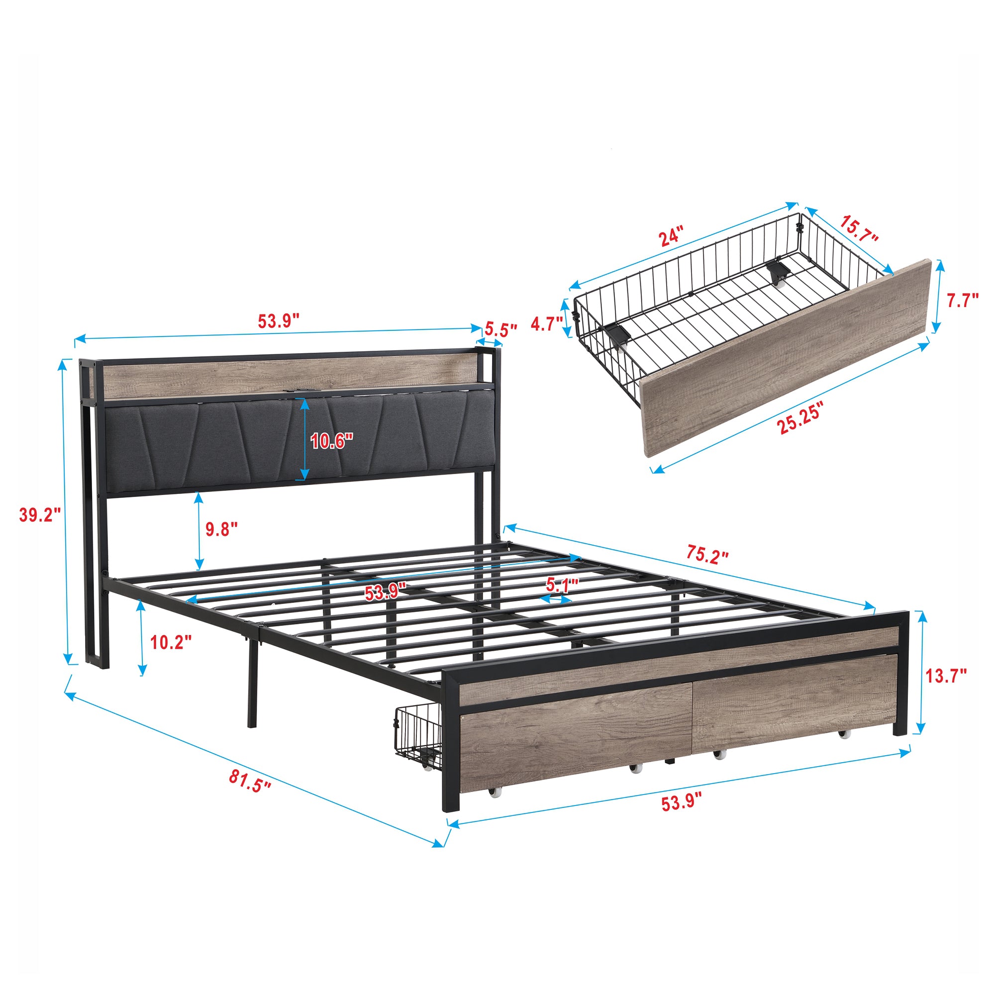 PAPROOS Full Size Bed Frame, Metal Platform Bed with Upholstered Storage Headboard, 2 drawers, Charging Station, Full Bed Frame with Metal Slats
