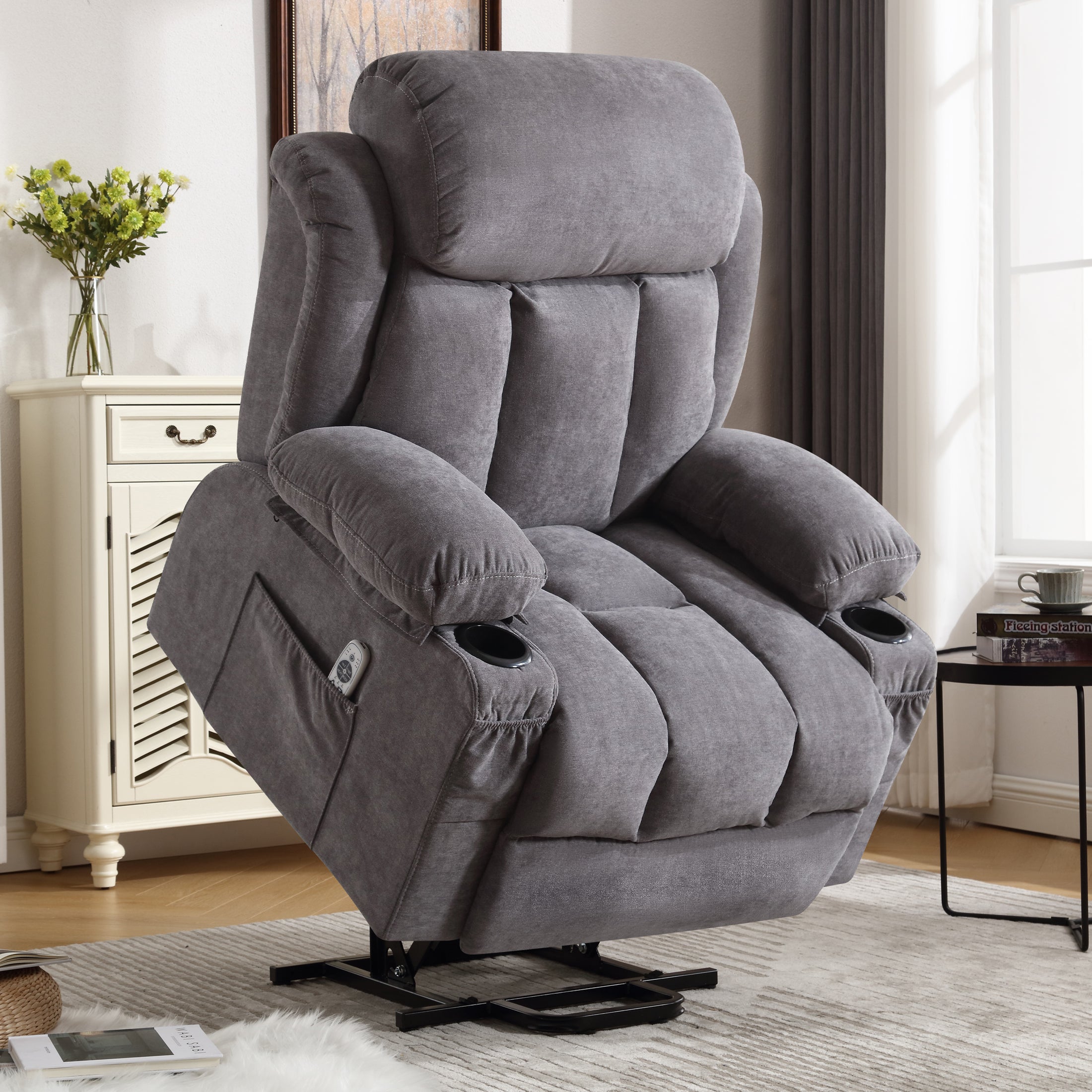 Power Lift Recliner Chair, Heated Massage with USB & Cup Holder, Beige