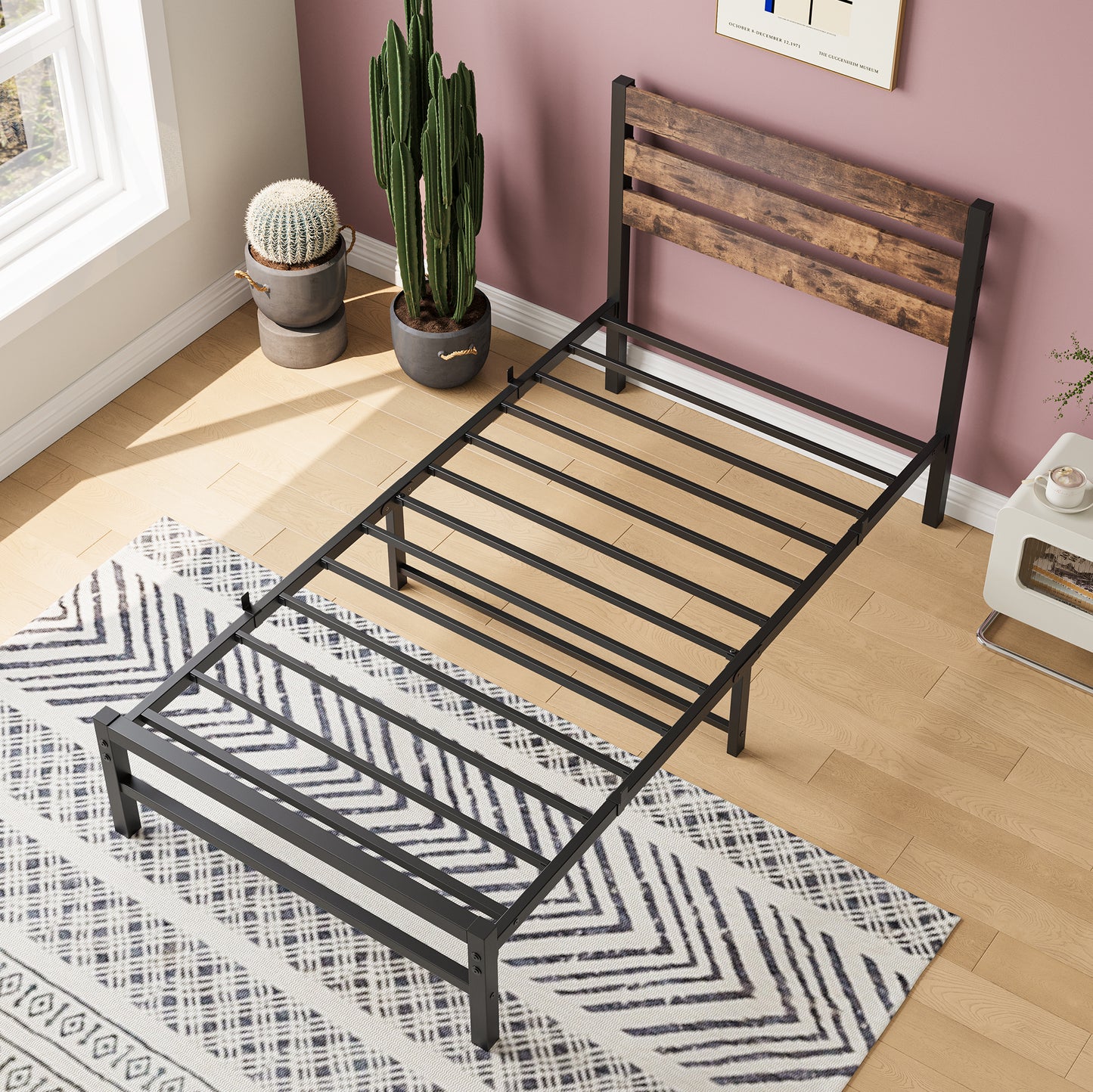 PAPROOS Twin Bed Frame, Metal Twin Platform Bed with wooden Panel Headboard, No Box Spring Needed