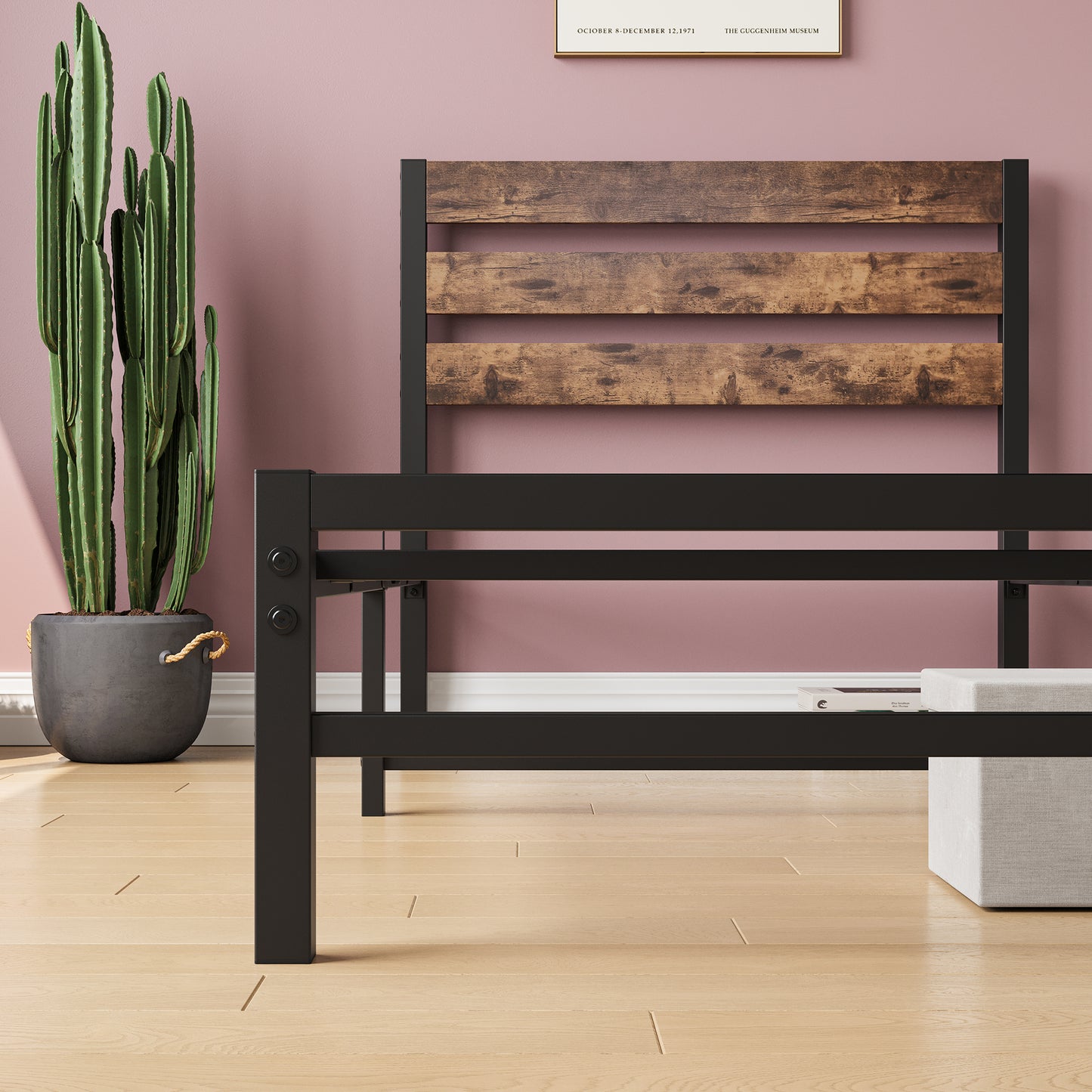 PAPROOS Twin Bed Frame, Metal Twin Platform Bed with Wooden Panel Headboard, Underbed Storage, No Box Spring Needed