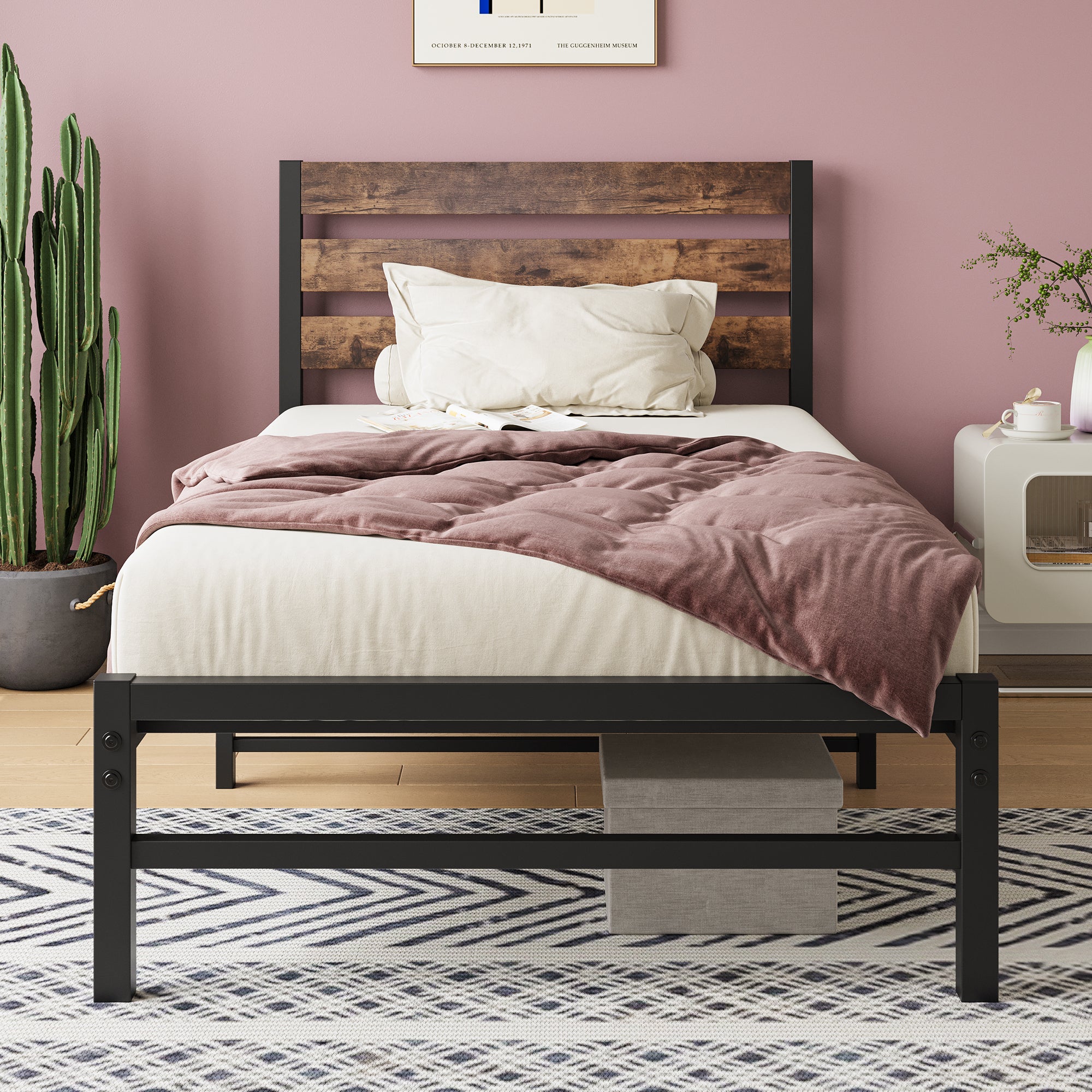 PAPROOS Twin Bed Frame, Metal Twin Platform Bed with Wooden Panel Headboard, Underbed Storage, No Box Spring Needed