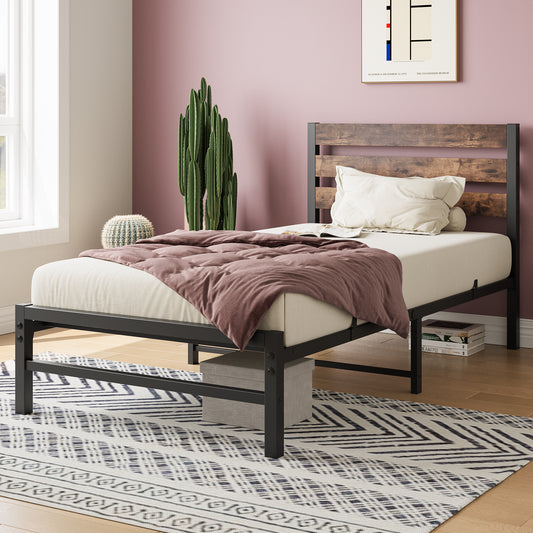PAPROOS Twin Bed Frame, Metal Twin Platform Bed with wooden Panel Headboard, No Box Spring Needed