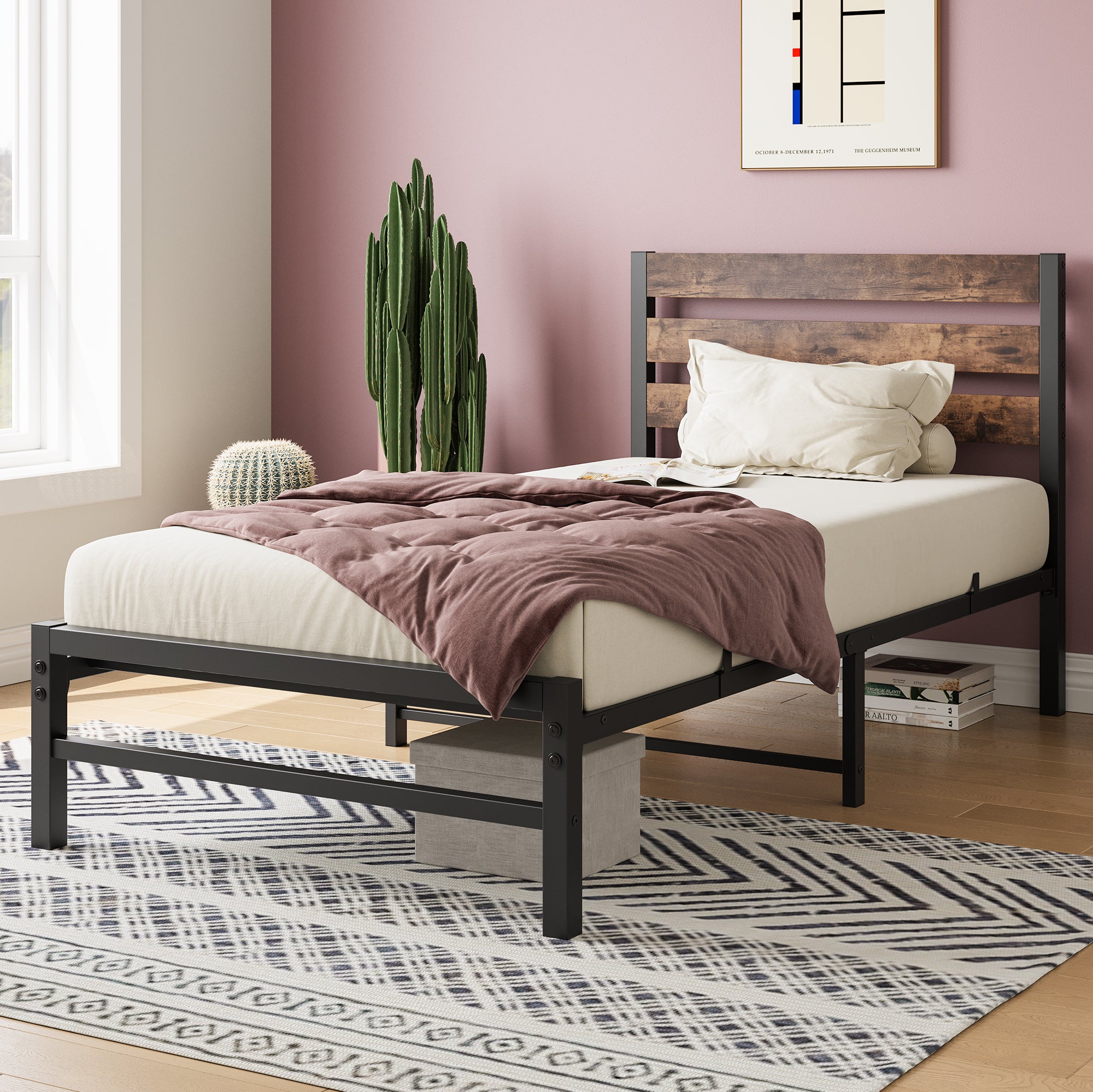 PAPROOS Twin Bed Frame, Metal Twin Platform Bed with Wooden Panel Headboard, Underbed Storage, No Box Spring Needed