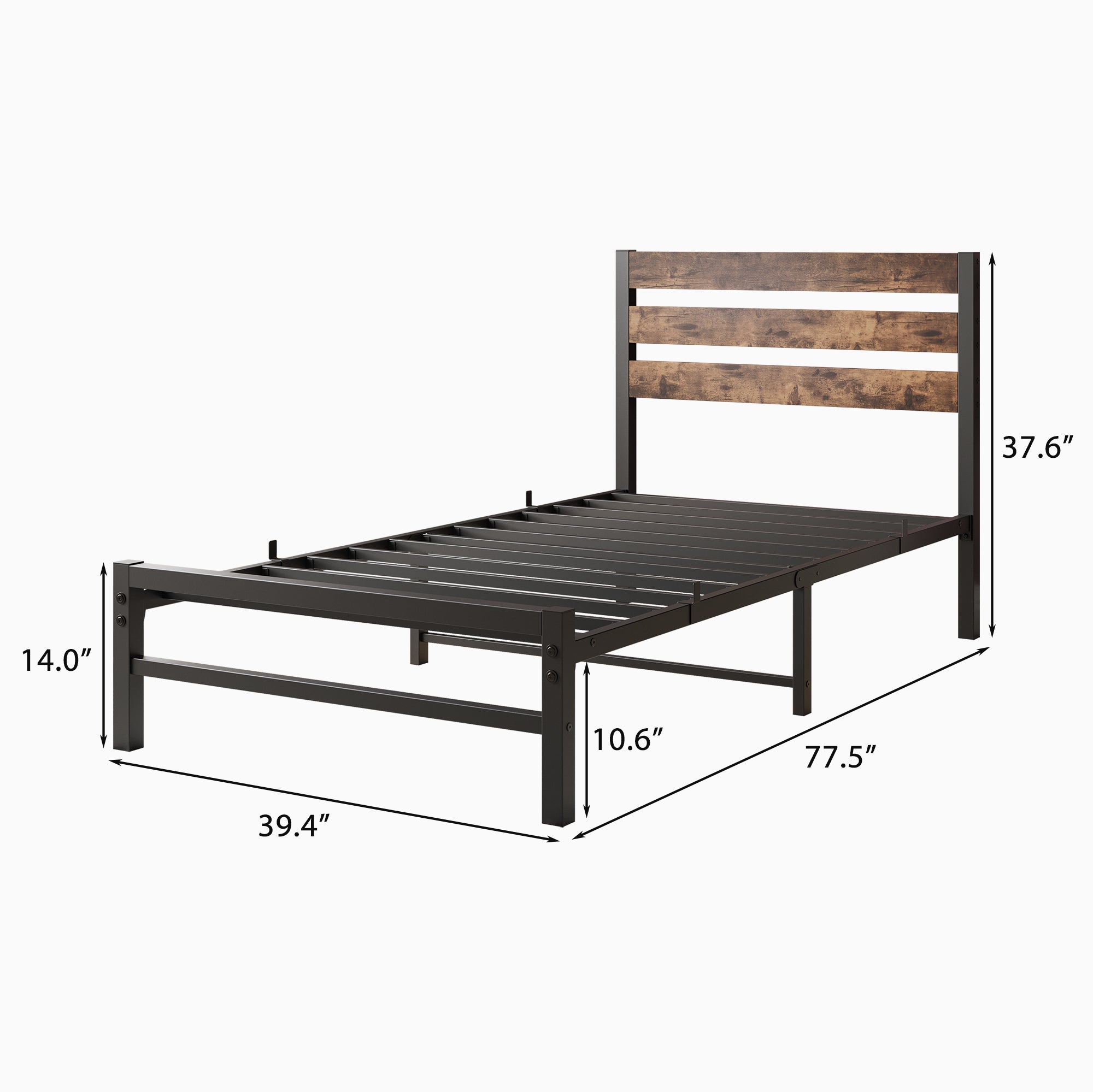 PAPROOS Twin Bed Frame, Metal Twin Platform Bed with Wooden Panel Headboard, Underbed Storage, No Box Spring Needed
