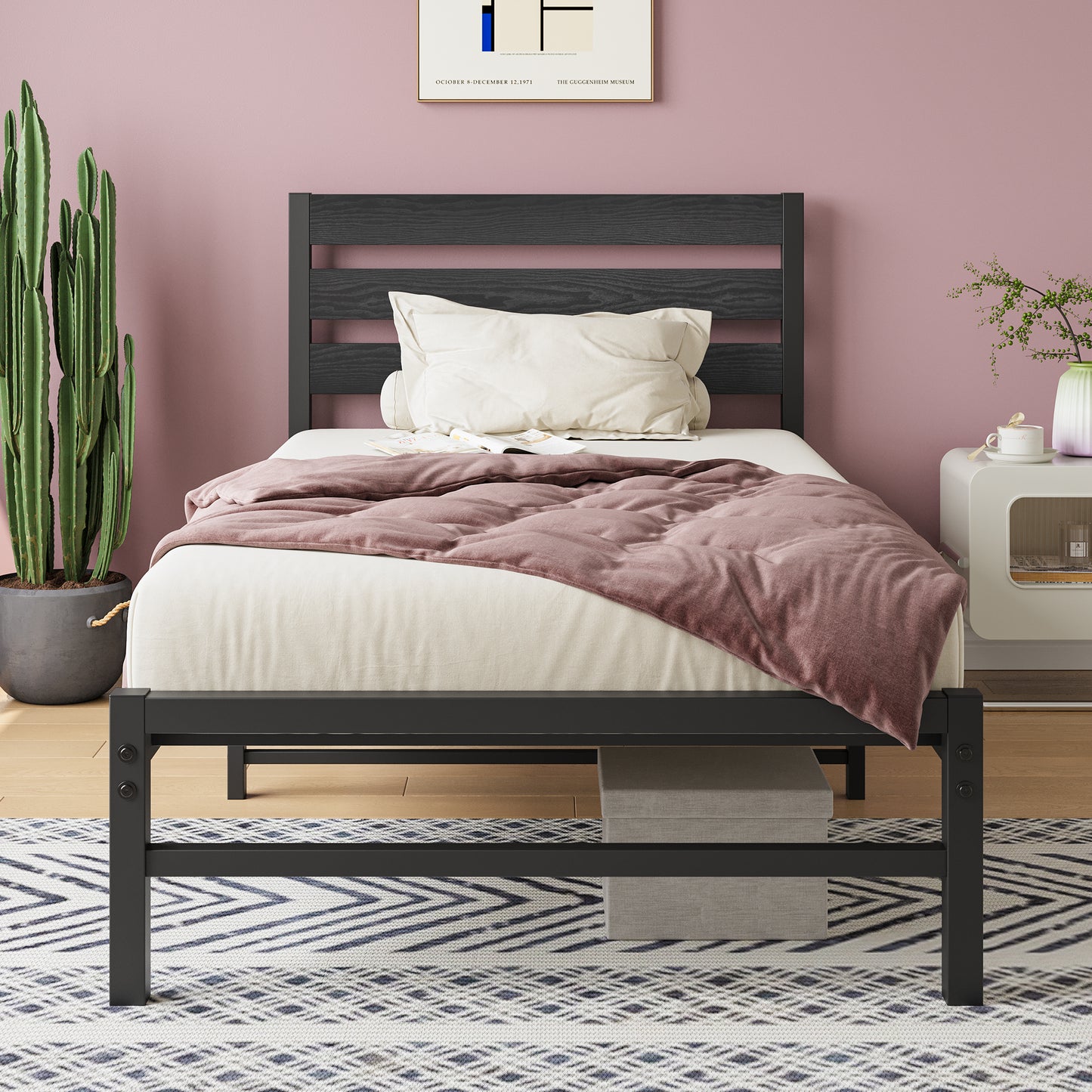 PAPROOS Twin Bed Frame, Metal Twin Platform Bed with Wooden Panel Headboard, Underbed Storage, No Box Spring Needed