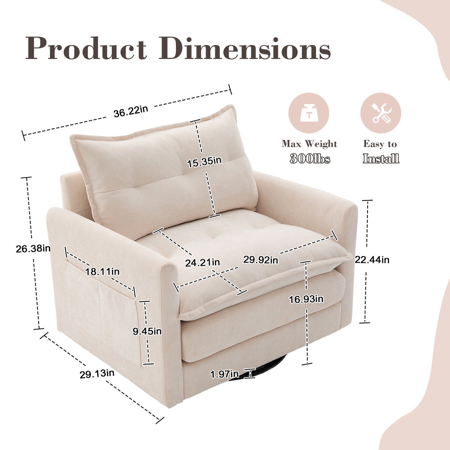 360°Swivel Accent Chair, Chenille Upholstered Armchair,&nbsp;PAPROOS Barrel Chair Reading Armchair with Side Pockets & Cushion, Modern Accent Chair with Metal Base for Living Room Bedroom, Beige