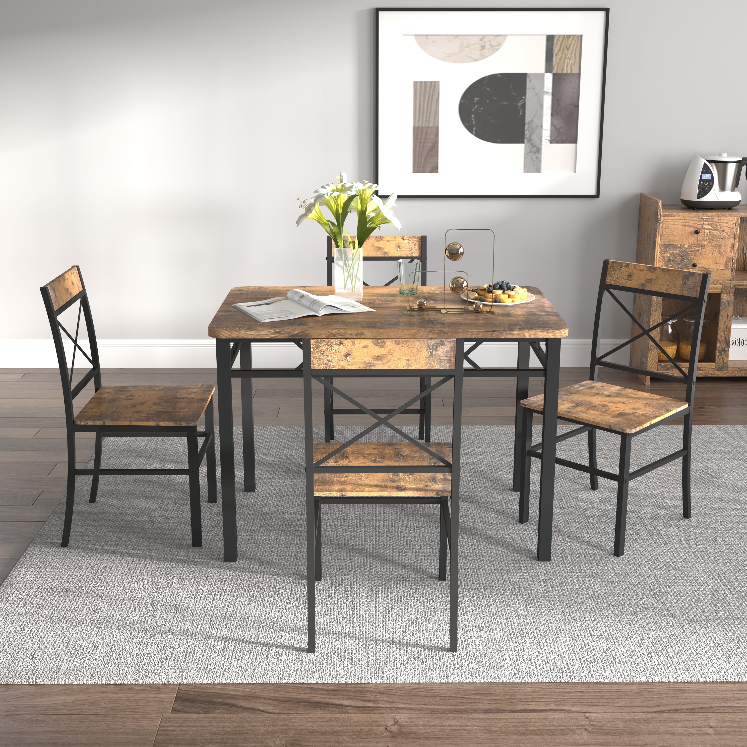 PAPROOS Dining Table Set, 5 Piece Dining Set, 43" Rectangle Kitchen Table and 4 Chairs, Modern Industrial Dining Table for Breakfast Nook, Kitchen Dining Room, Rustic Brown