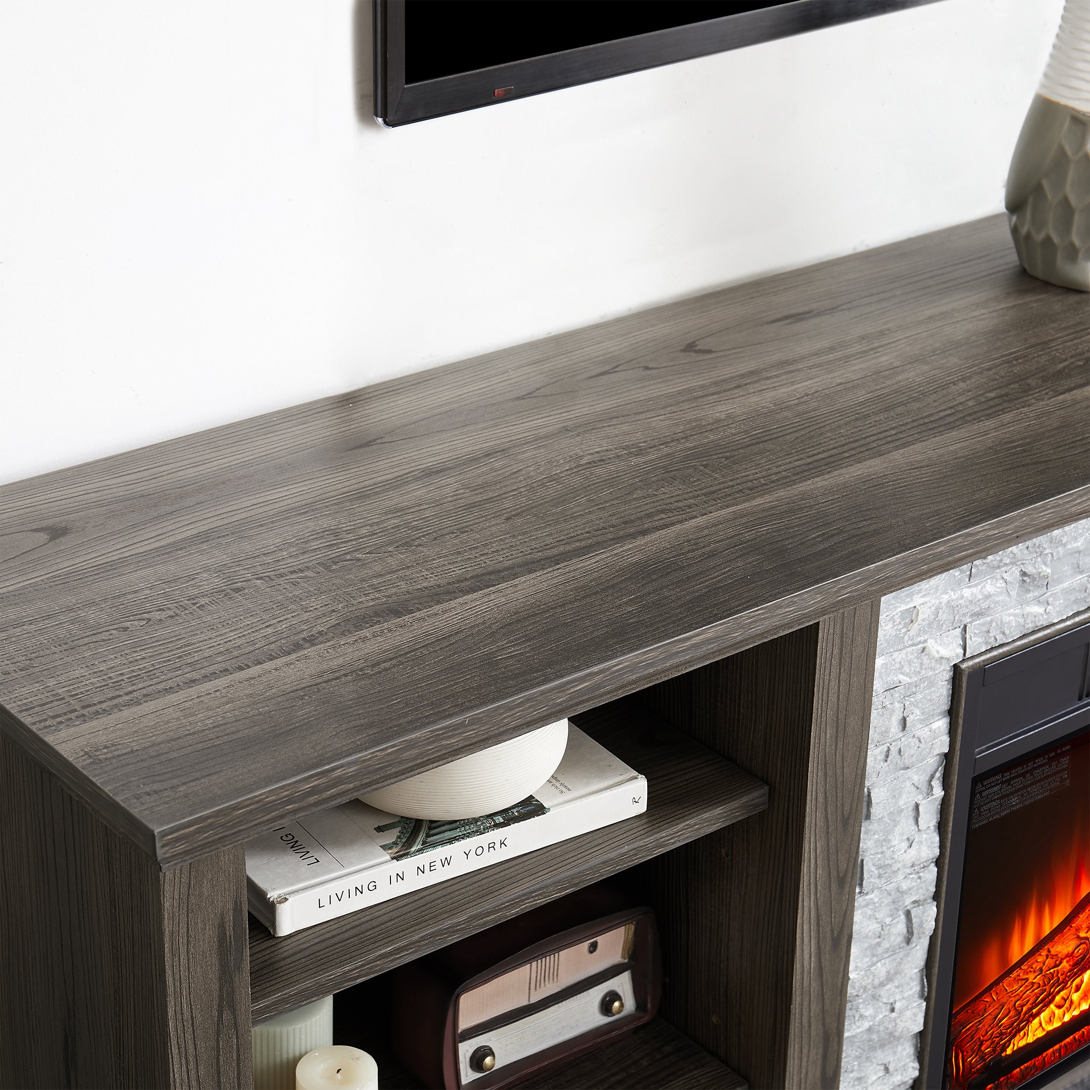 PAPROOS Fireplace TV Stand for 65-inch TV, Wooden TV Console Entertainment Center with Faux Stacked Stone Design for Living Room, Electric Fireplace TV Stand with Open Shelves, Gray