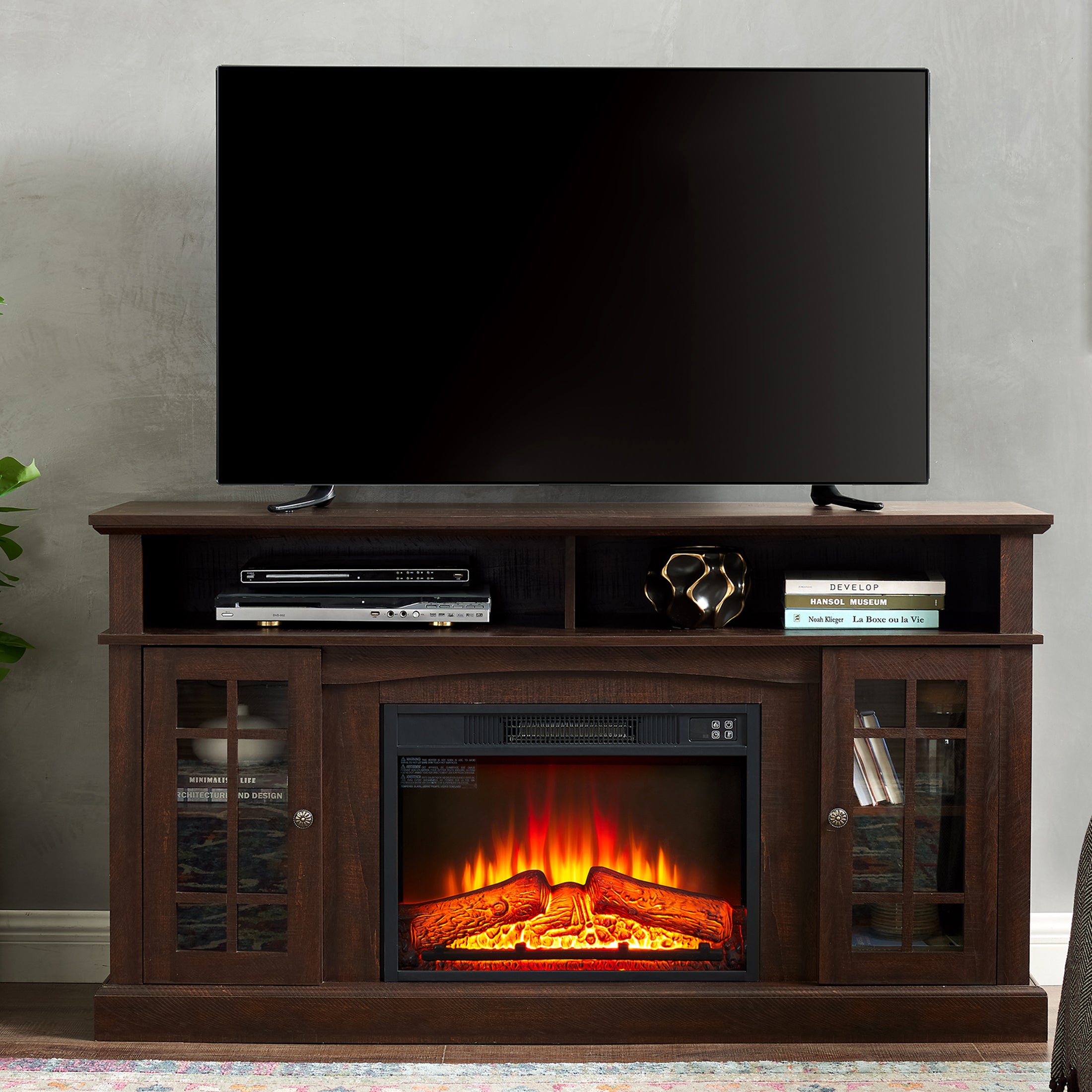 PAPROOS Fireplace TV Stand up to 65" TV, Farmhouse TV Console with 23" Fireplace for Living Room, Wood Entertainment Center Media Console with Glass Doors and Shelves, Gray