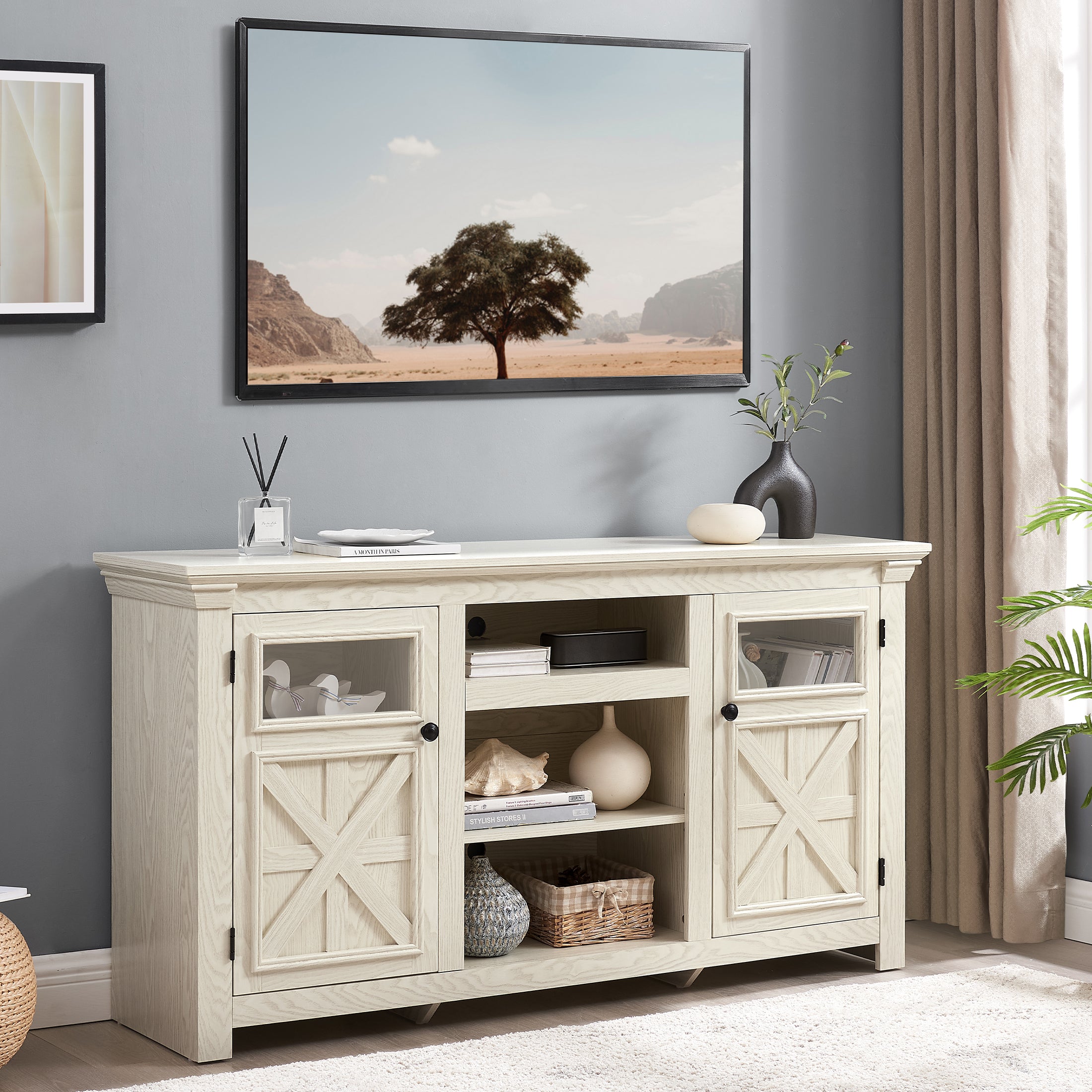 PAPROOS TV Stands for Living Room up to 65" TV, Farmhouse TV Console Media Console with Open Shelves and Barn Doors, Wood TV Stand With Storage and Glass Doors, TV Stand With Cabinet, White