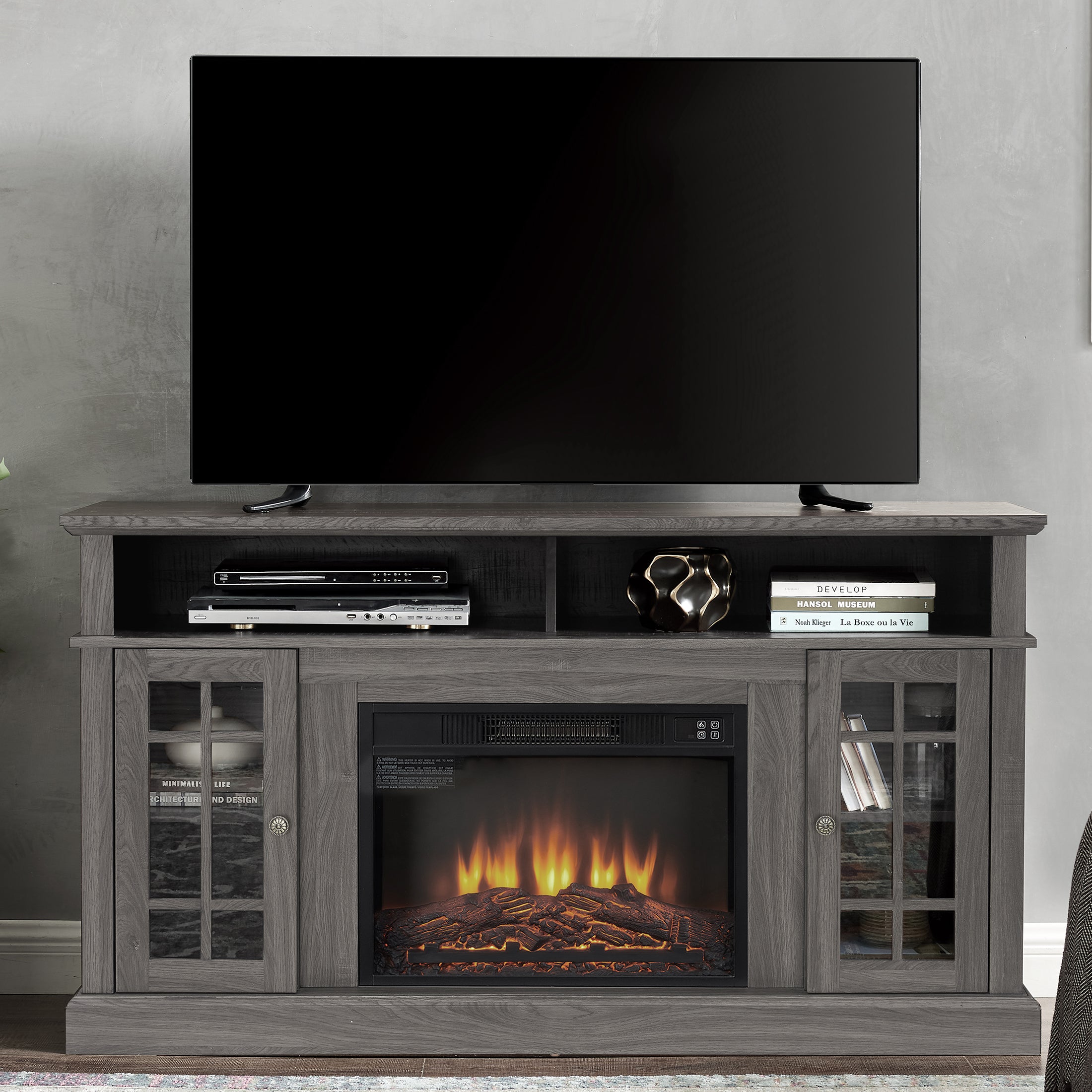 PAPROOS Fireplace TV Stand up to 65" TV, Farmhouse TV Console with 23" Fireplace for Living Room, Wood Entertainment Center Media Console with Glass Doors and Shelves, Gray