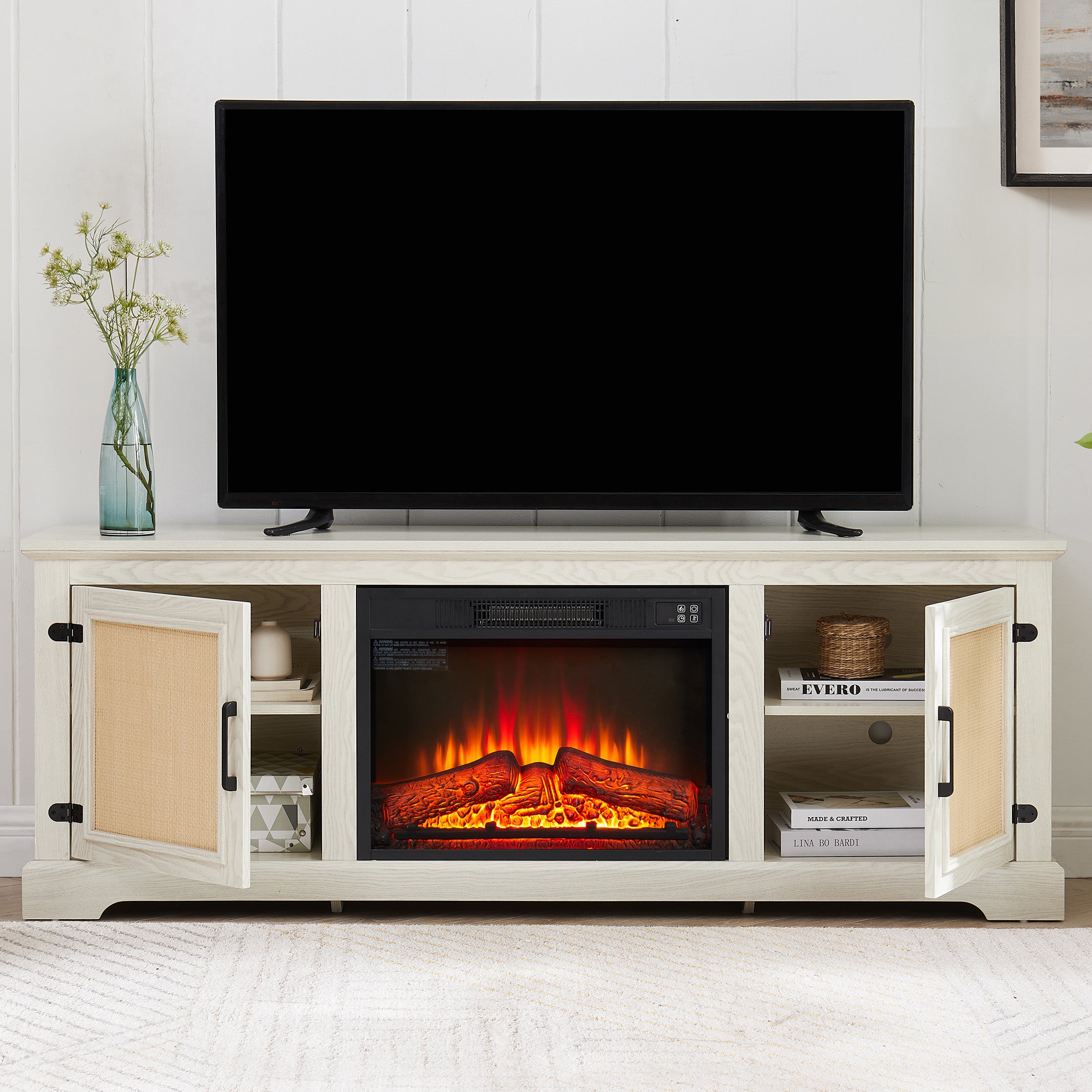 PAPROOS TV Stand With 18" Fireplace up to 65" TV, Rattan Doors TV Console Media Console with Storage Cabinet and Adjustable Shelves for Living Room, Wood Farmhouse Entertainment Center, Gray