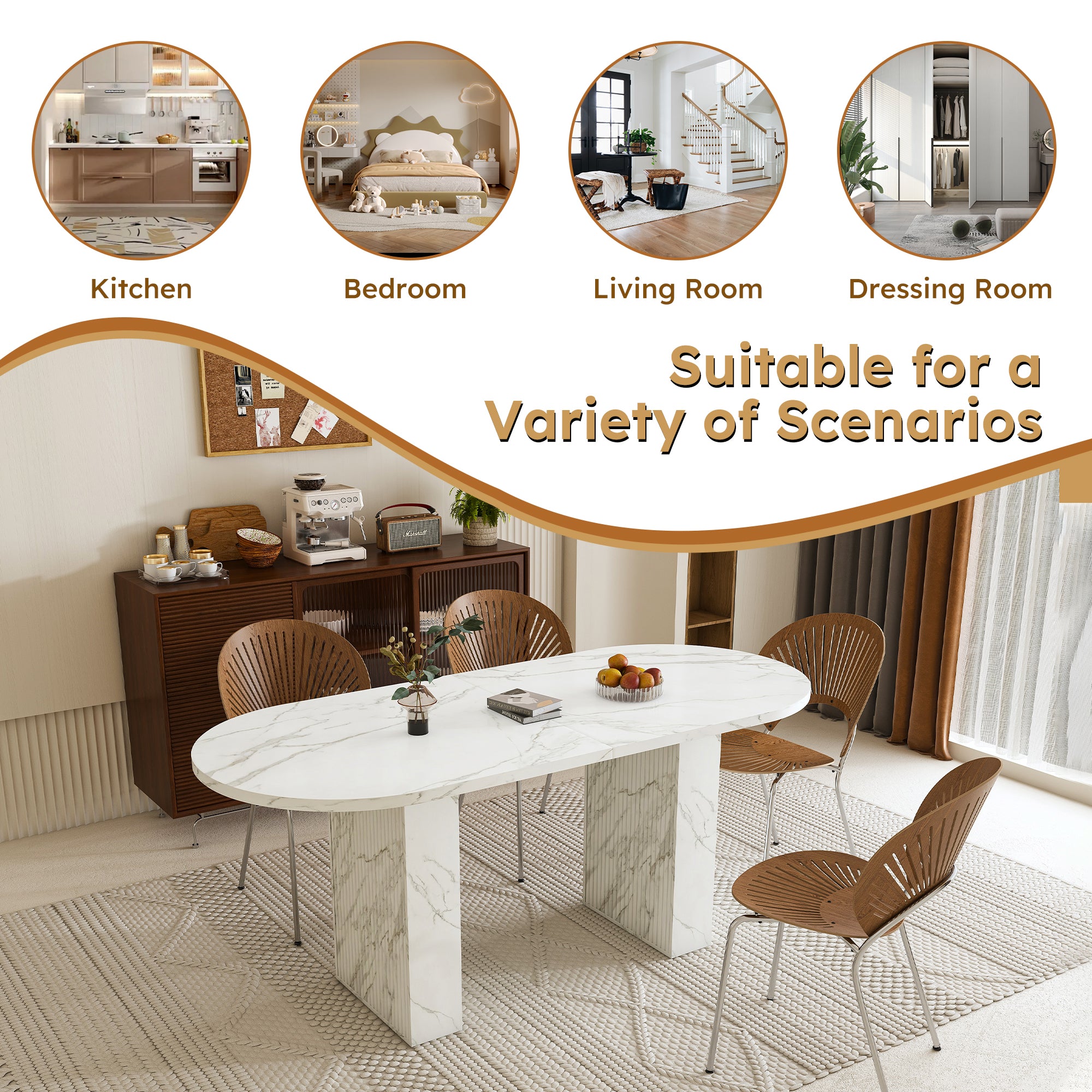 63inch Oval Dining Table for 4-6, Paproos Kitchen Table with Marble-Color Wood Waterproof Tabletop, Wooden Strip Base, Wood Dining Room Table for Office Dining Living Room, White(Only Table)